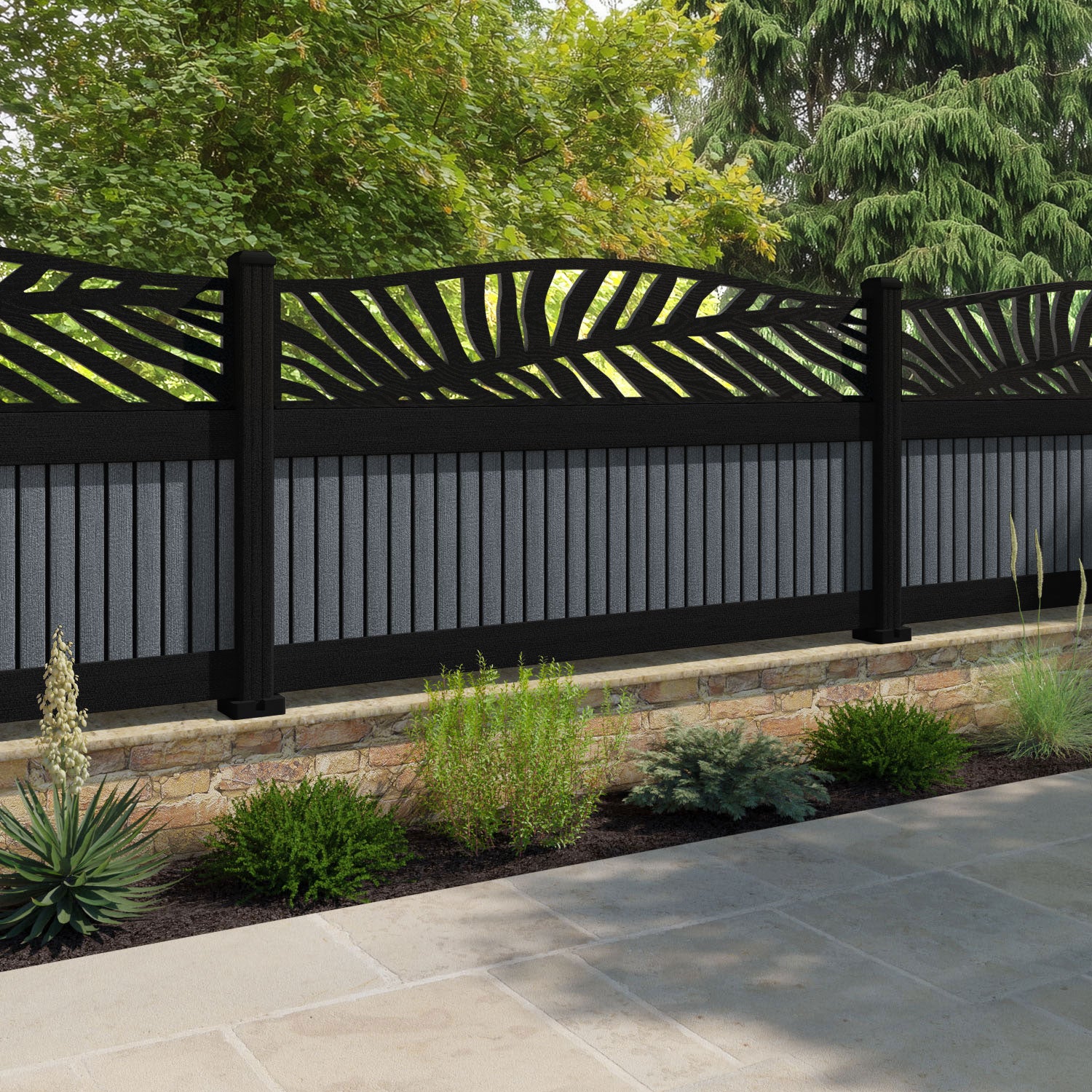 Virtis Palm Curved Top Fence Panel - Anthracite - with our aluminium posts