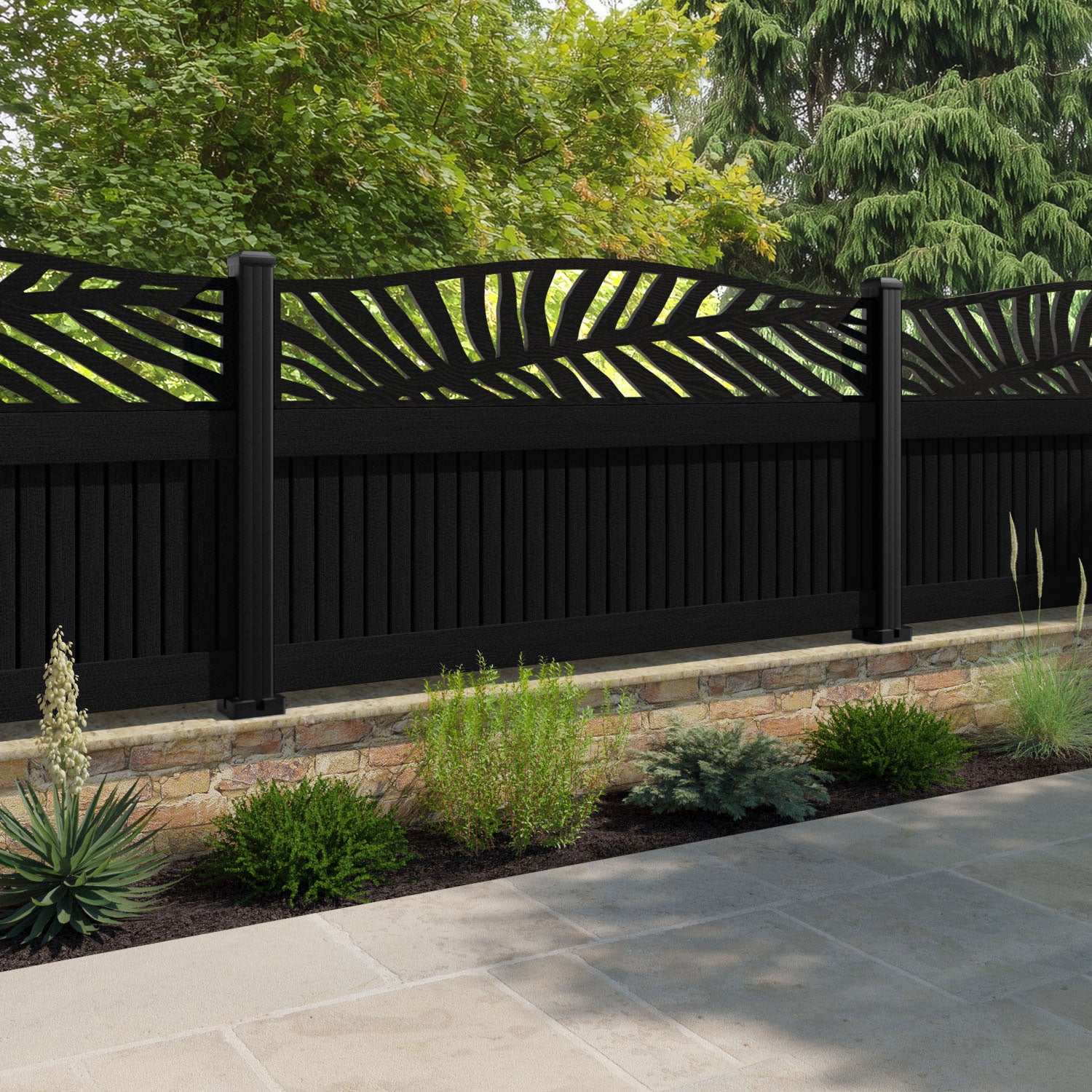 Virtis Palm Curved Top Fence Panel - Black - with our aluminium posts