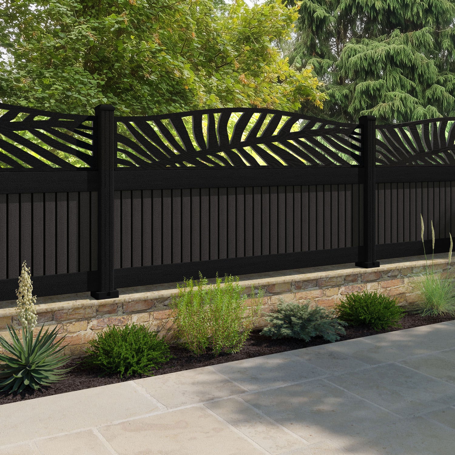 Virtis Palm Curved Top Fence Panel - Dark Oak - with our aluminium posts