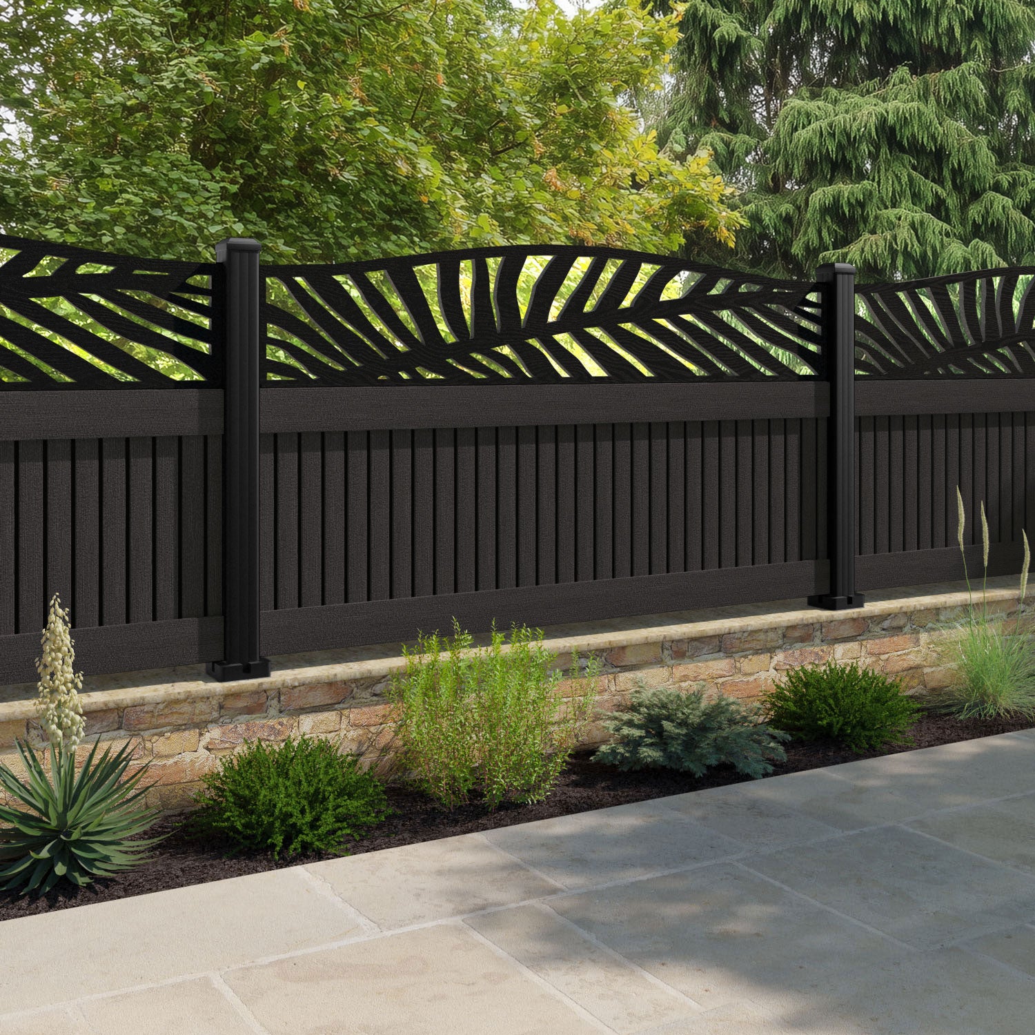 Virtis Palm Curved Top Fence Panel - Dark Oak - with our composite posts