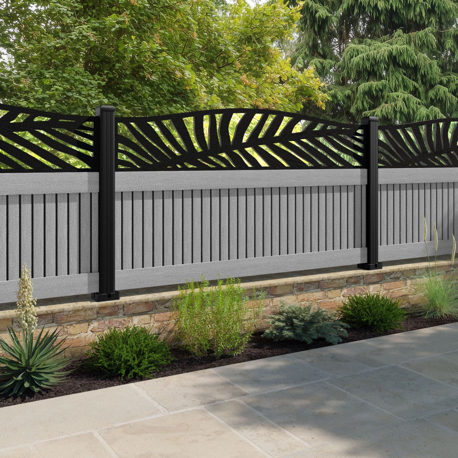Virtis Palm Curved Top Fence Panel - Light Grey - with our composite posts