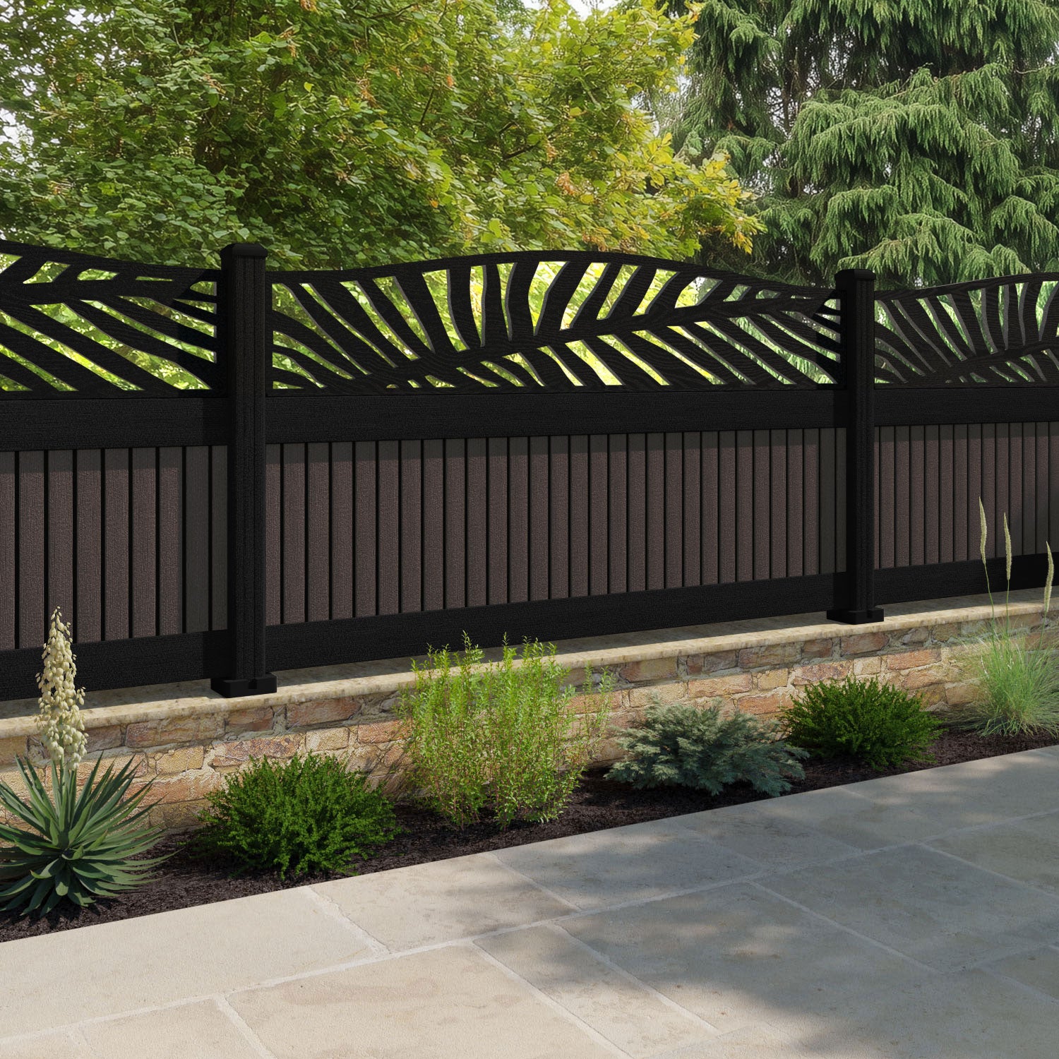 Virtis Palm Curved Top Fence Panel - Mid Brown - with our aluminium posts