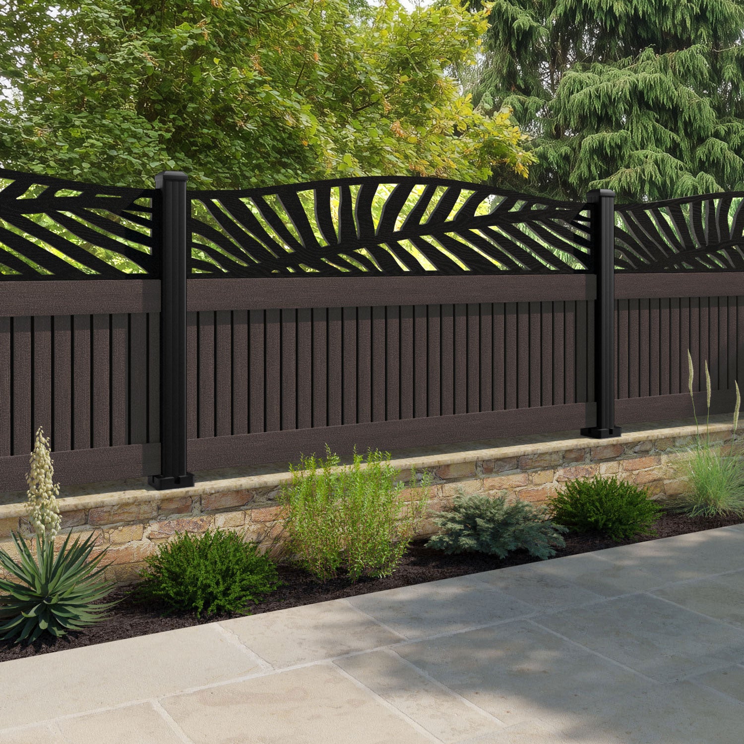 Virtis Palm Curved Top Fence Panel - Mid Brown - with our composite posts