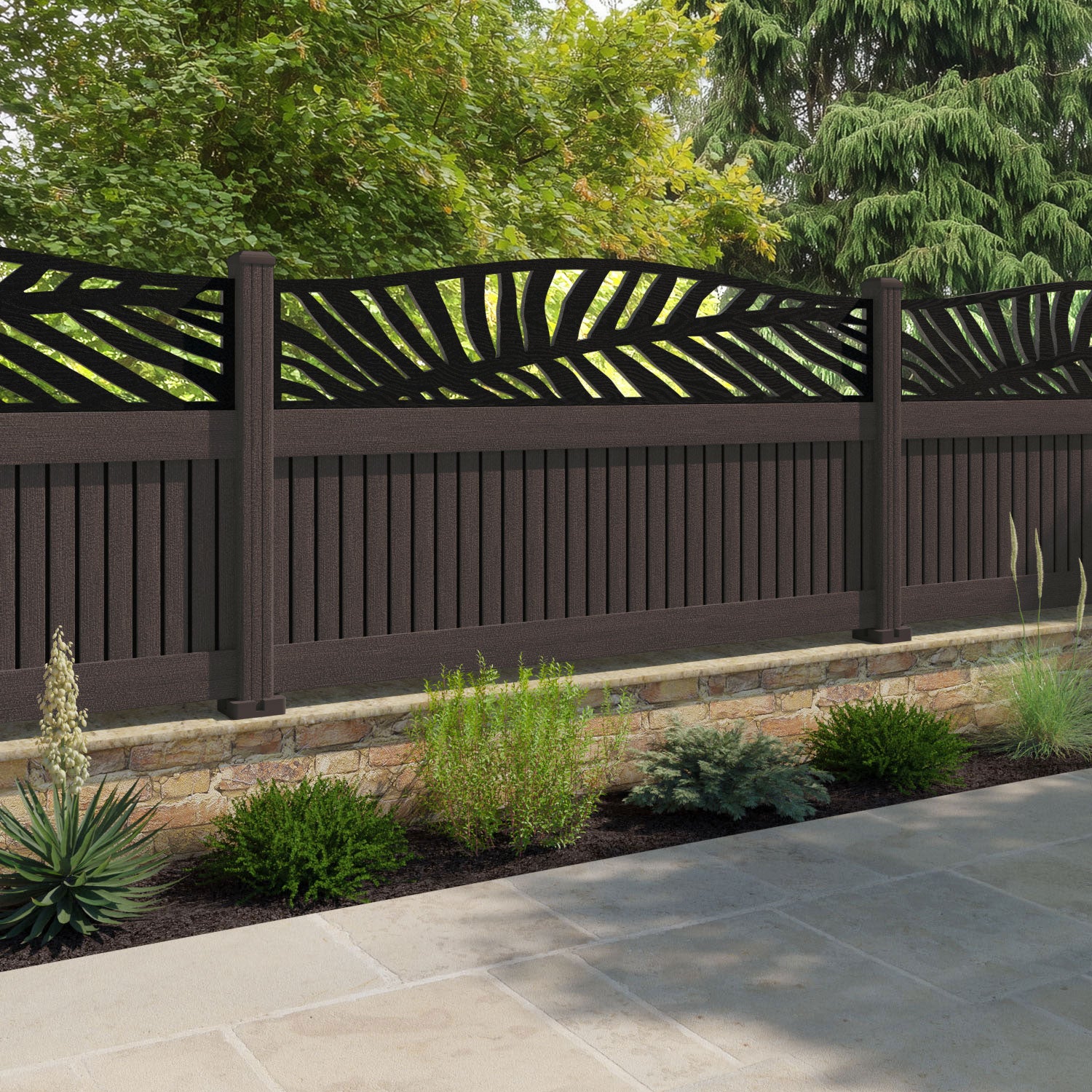 Virtis Palm Curved Top Fence Panel - Mid Brown - with our composite posts