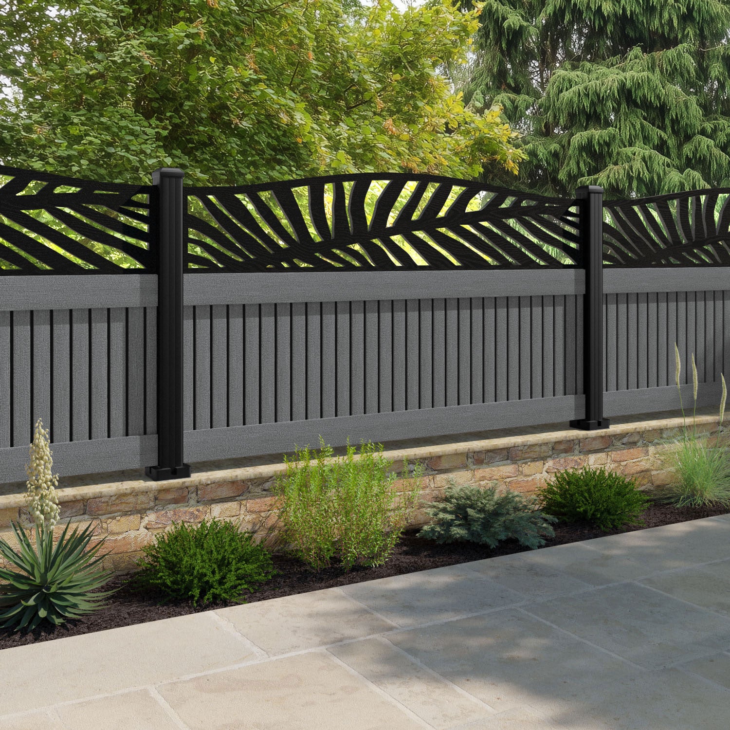 Virtis Palm Curved Top Fence Panel - Mid Grey - with our composite posts