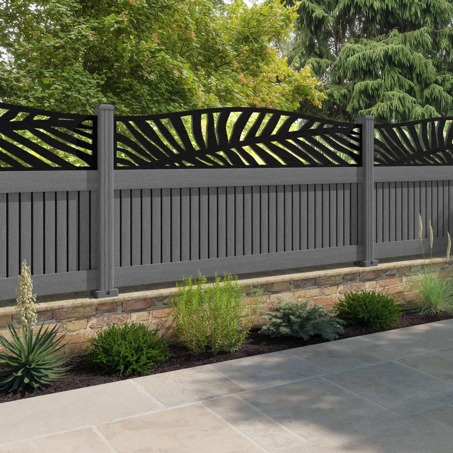 Virtis Palm Curved Top Fence Panel - Mid Grey - with our composite posts