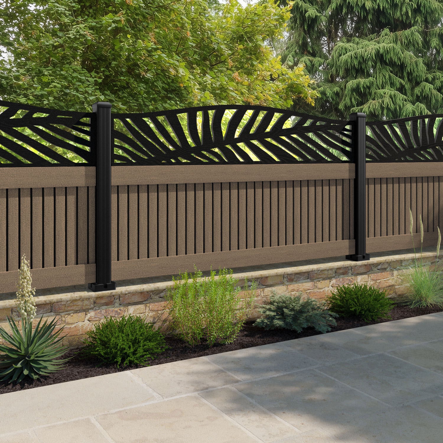 Virtis Palm Curved Top Fence Panel - Teak - with our composite posts