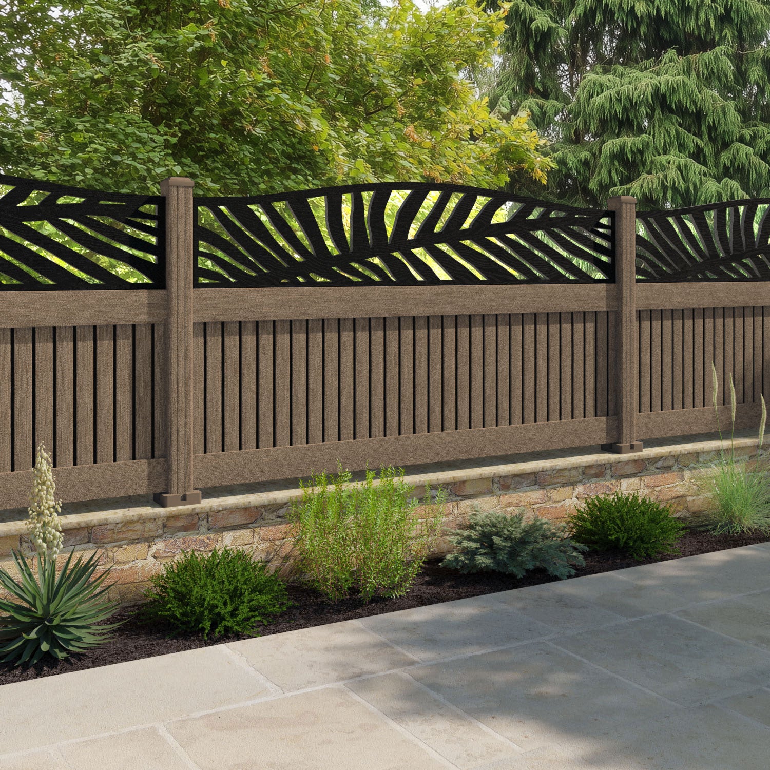 Virtis Palm Curved Top Fence Panel - Teak - with our composite posts