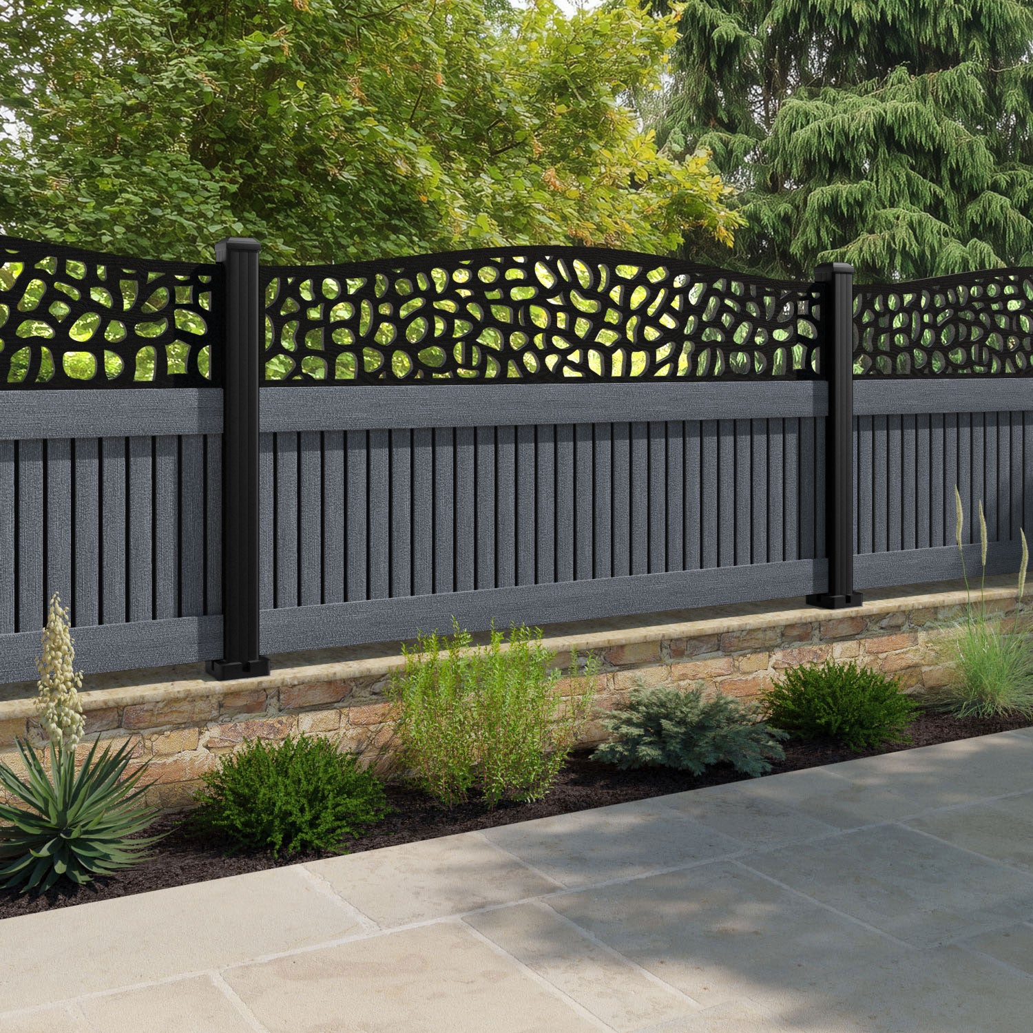 Virtis Pebble Curved Top Fence Panel - Anthracite - with our composite posts