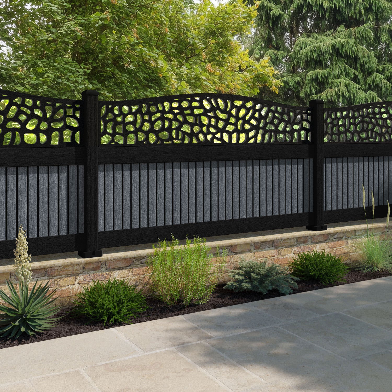 Virtis Pebble Curved Top Fence Panel - Anthracite - with our composite posts