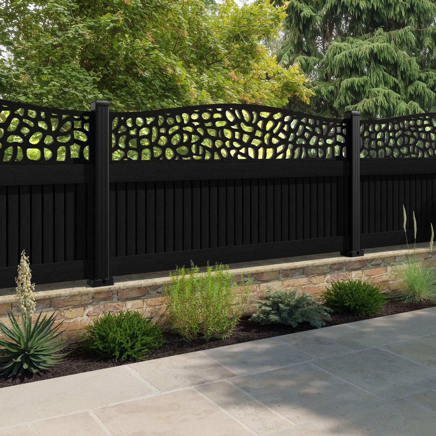 Virtis Pebble Curved Top Fence Panel - Black - with our aluminium posts