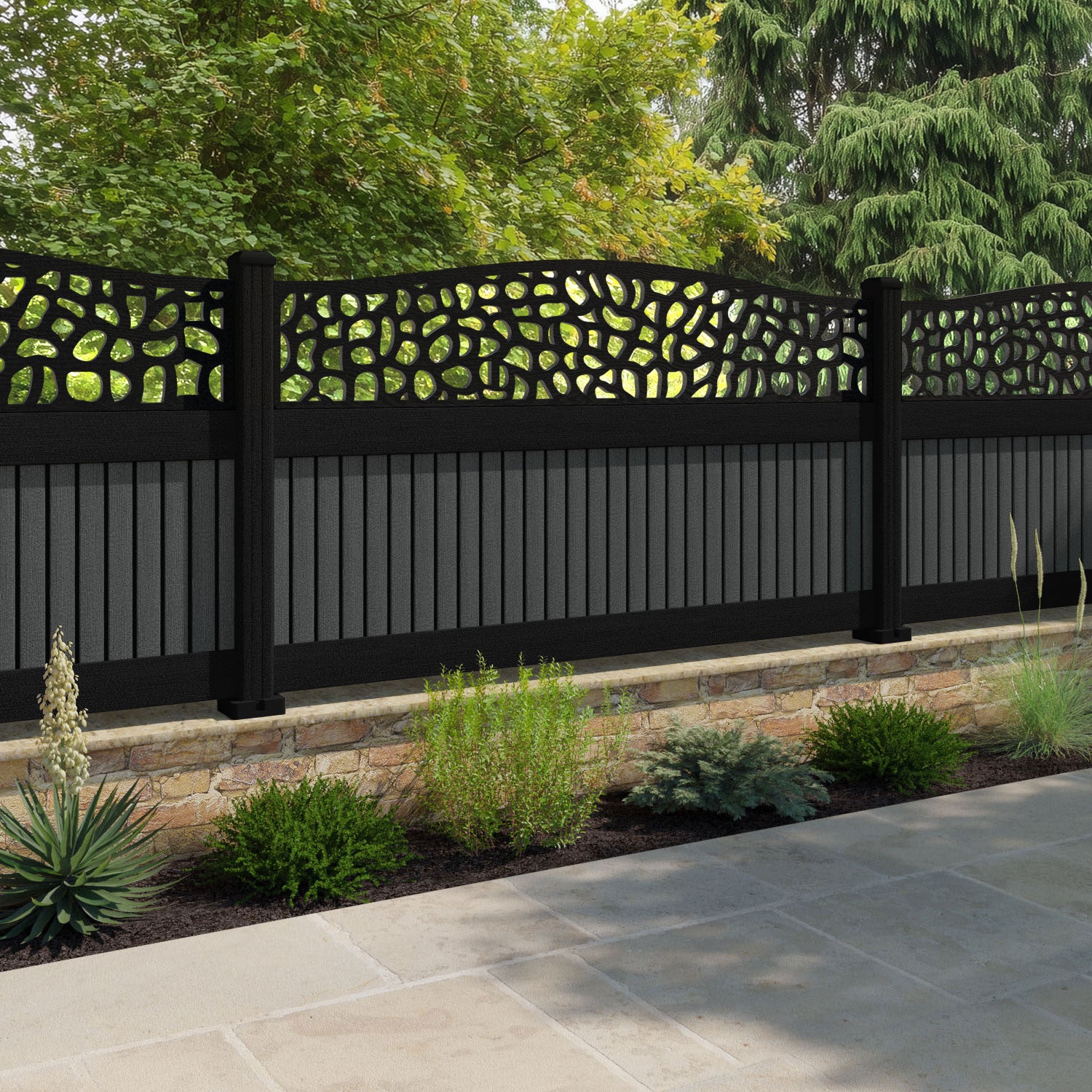 Virtis Pebble Curved Top Fence Panel - Dark Grey - with our aluminium posts