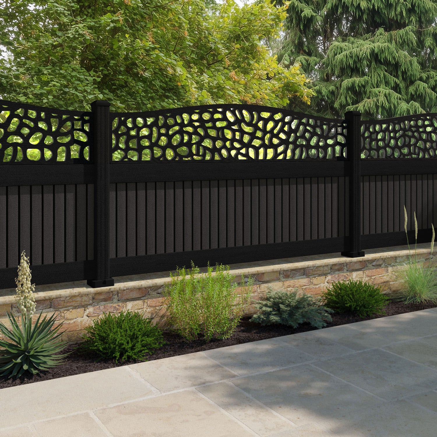 Virtis Pebble Curved Top Fence Panel - Dark Oak - with our composite posts