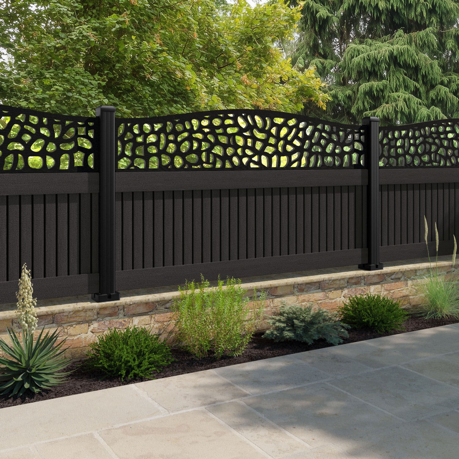 Virtis Pebble Curved Top Fence Panel - Dark Oak - with our composite posts