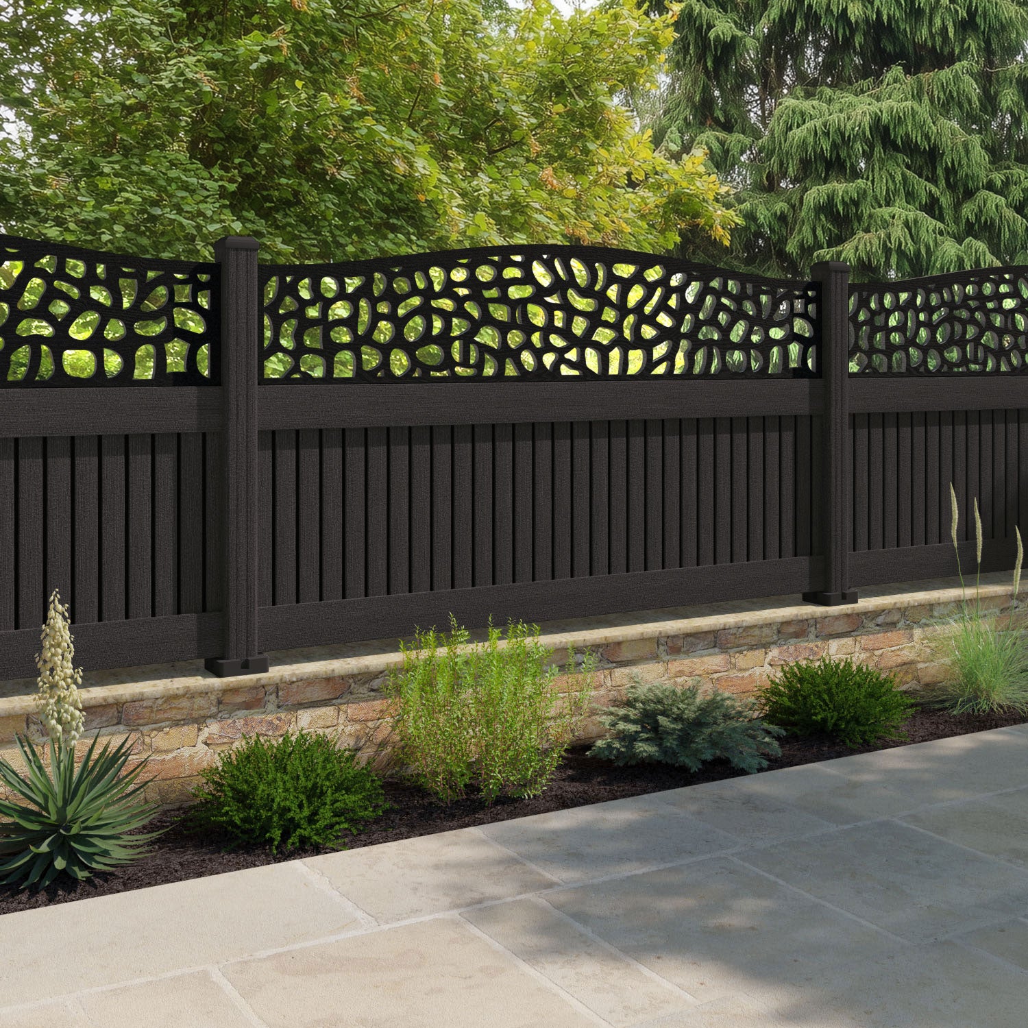 Virtis Pebble Curved Top Fence Panel - Dark Oak - with our composite posts
