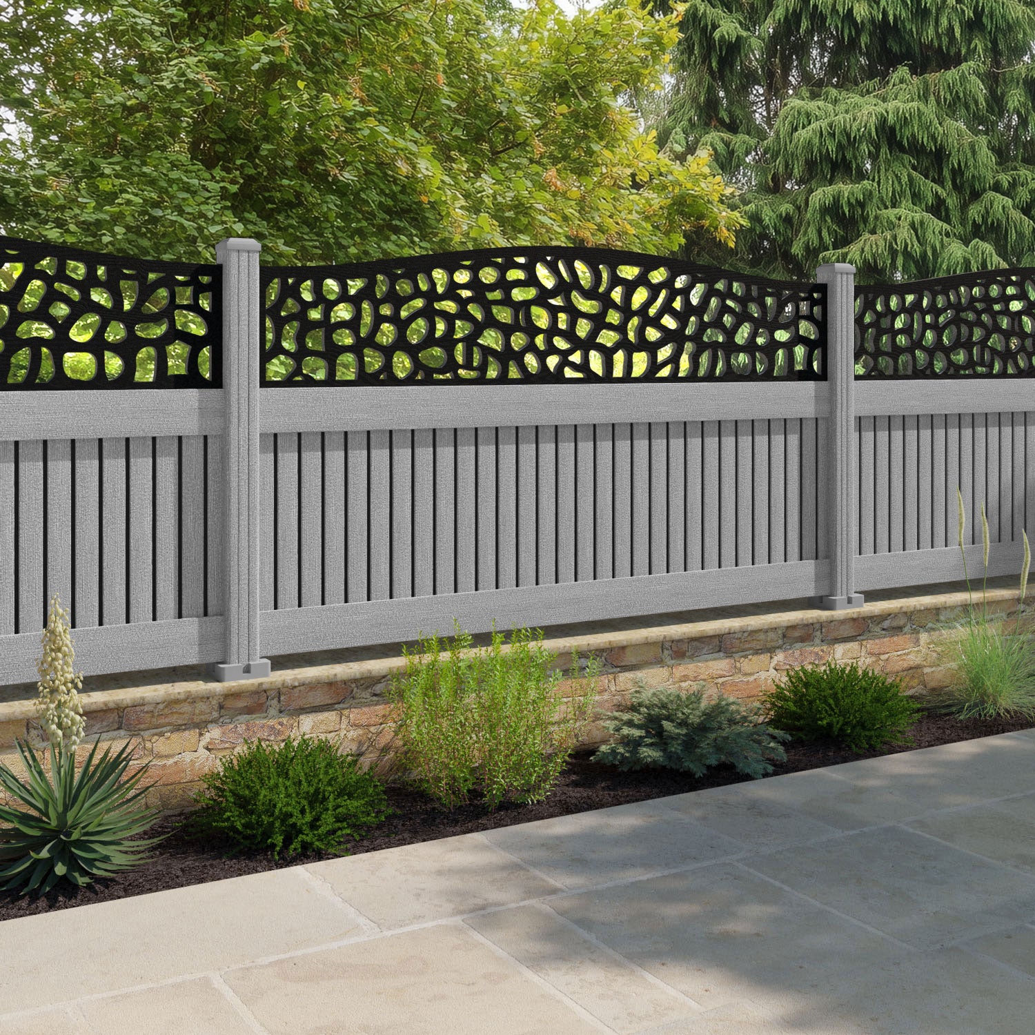 Virtis Pebble Curved Top Fence Panel - Light Grey - with our composite posts