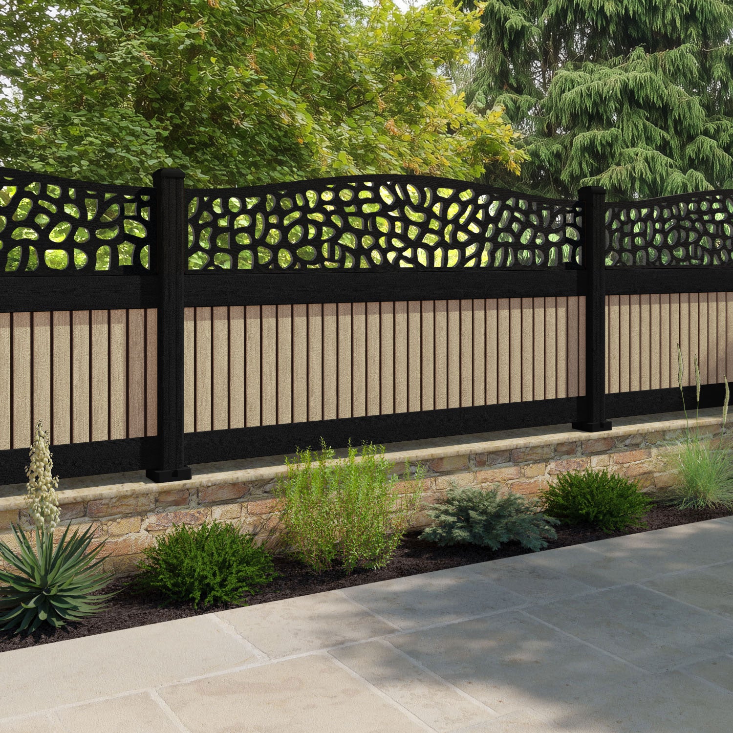 Virtis Pebble Curved Top Fence Panel - Light Oak - with our composite posts