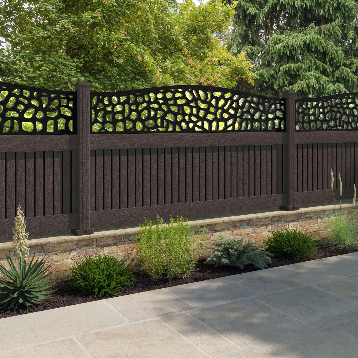 Virtis Pebble Curved Top Fence Panel - Mid Brown - with our composite posts