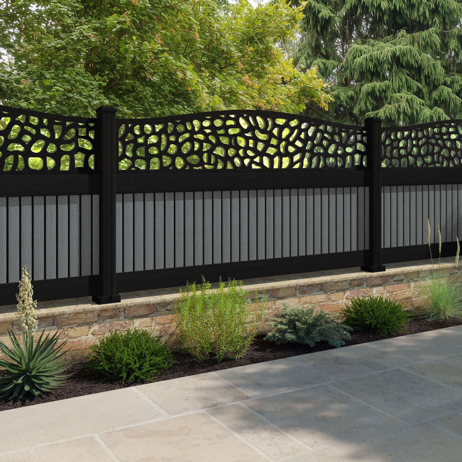 Virtis Pebble Curved Top Fence Panel - Mid Grey - with our aluminium posts