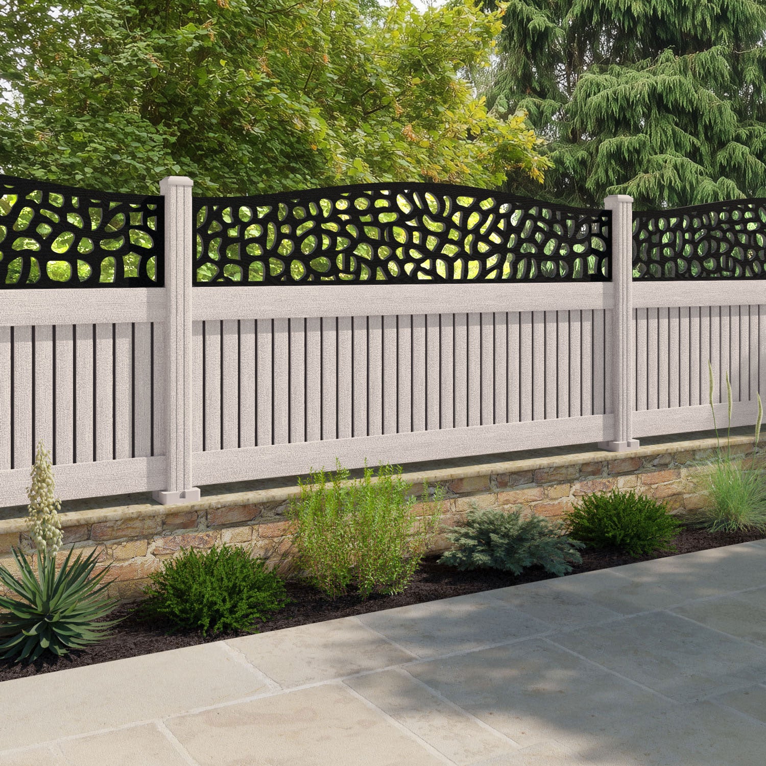 Virtis Pebble Curved Top Fence Panel - Mid Stone - with our composite posts