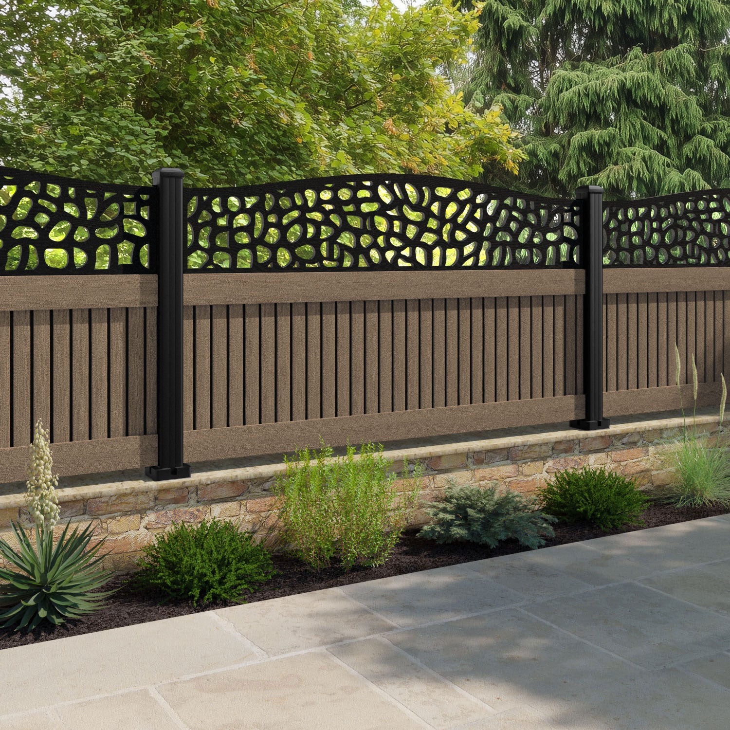 Virtis Pebble Curved Top Fence Panel - Teak - with our aluminium posts