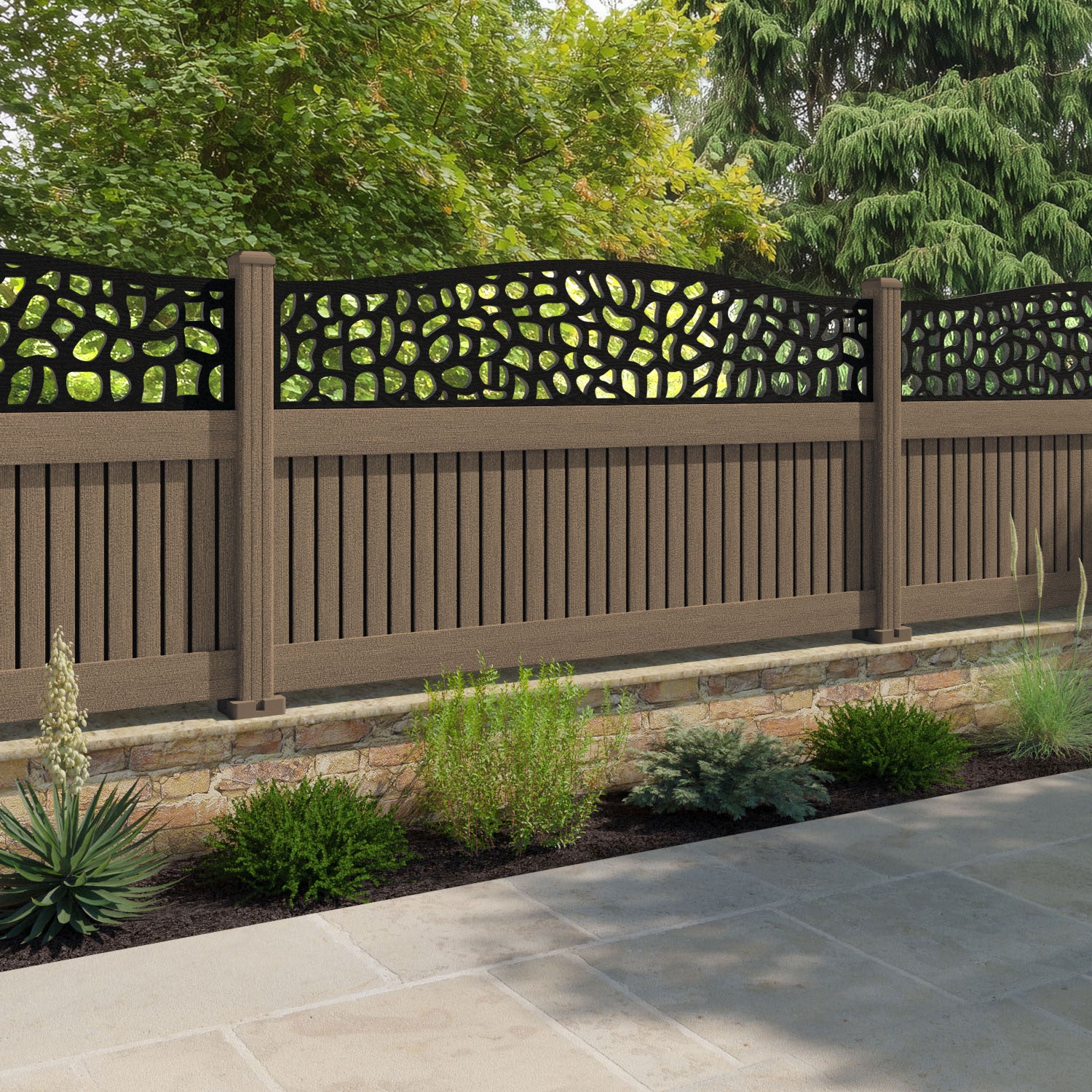 Virtis Pebble Curved Top Fence Panel - Teak - with our composite posts