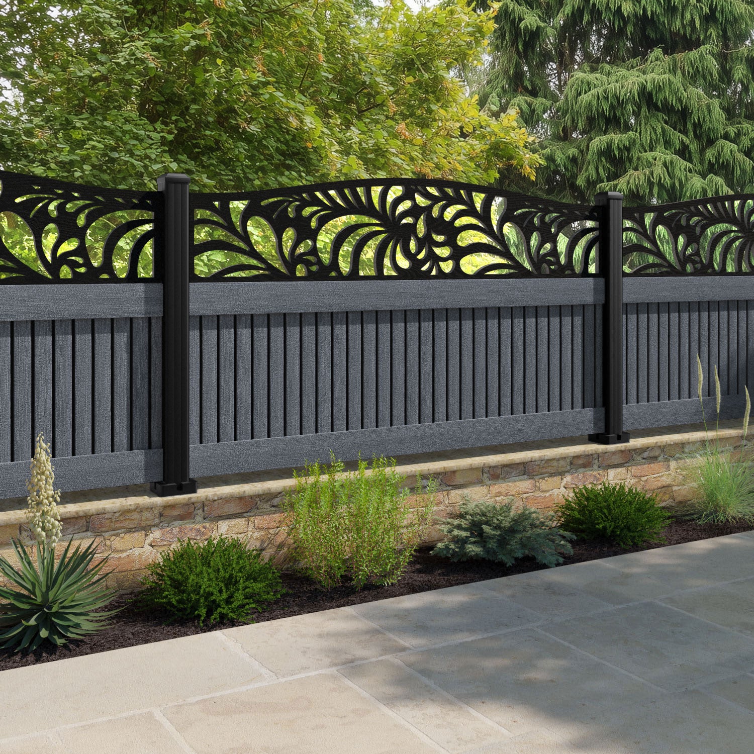 Virtis Petal Curved Top Fence Panel - Anthracite - with our aluminium posts