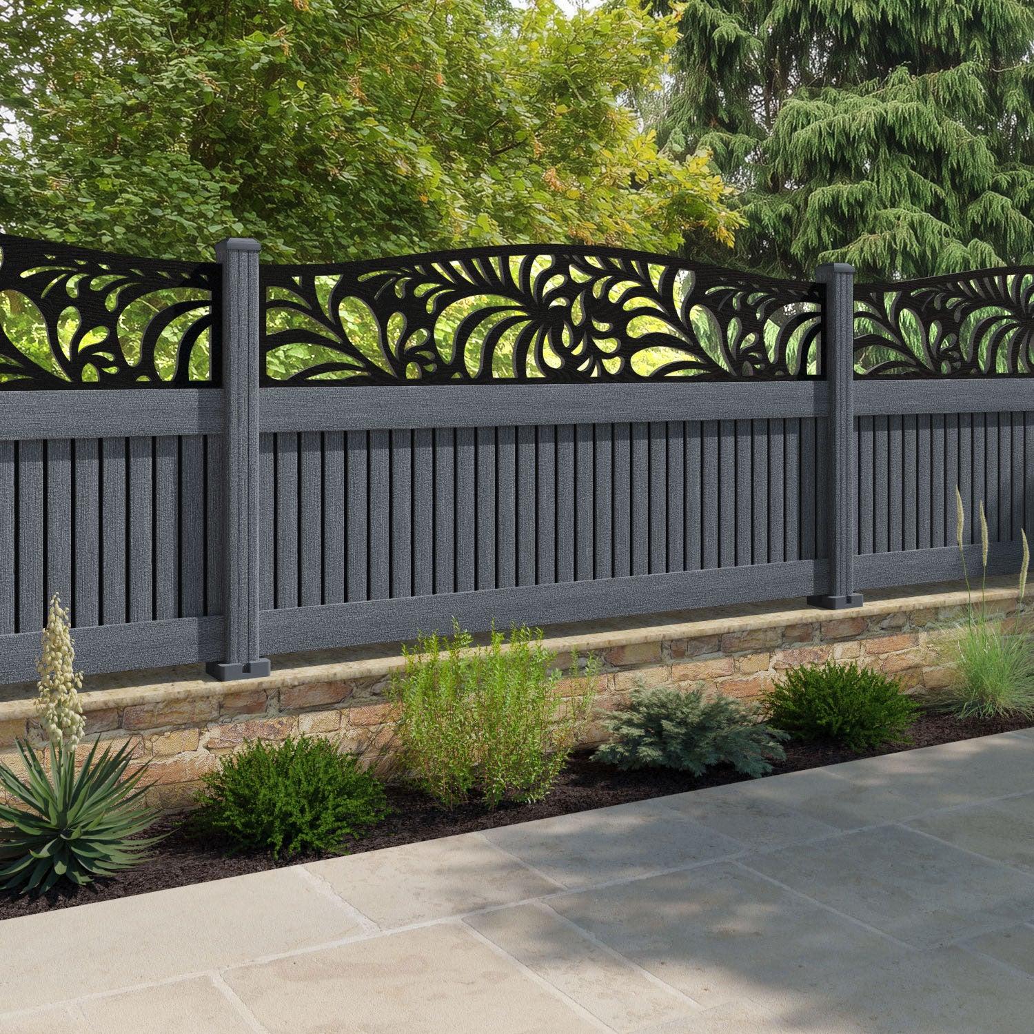 Virtis Petal Curved Top Fence Panel - Anthracite - with our composite posts