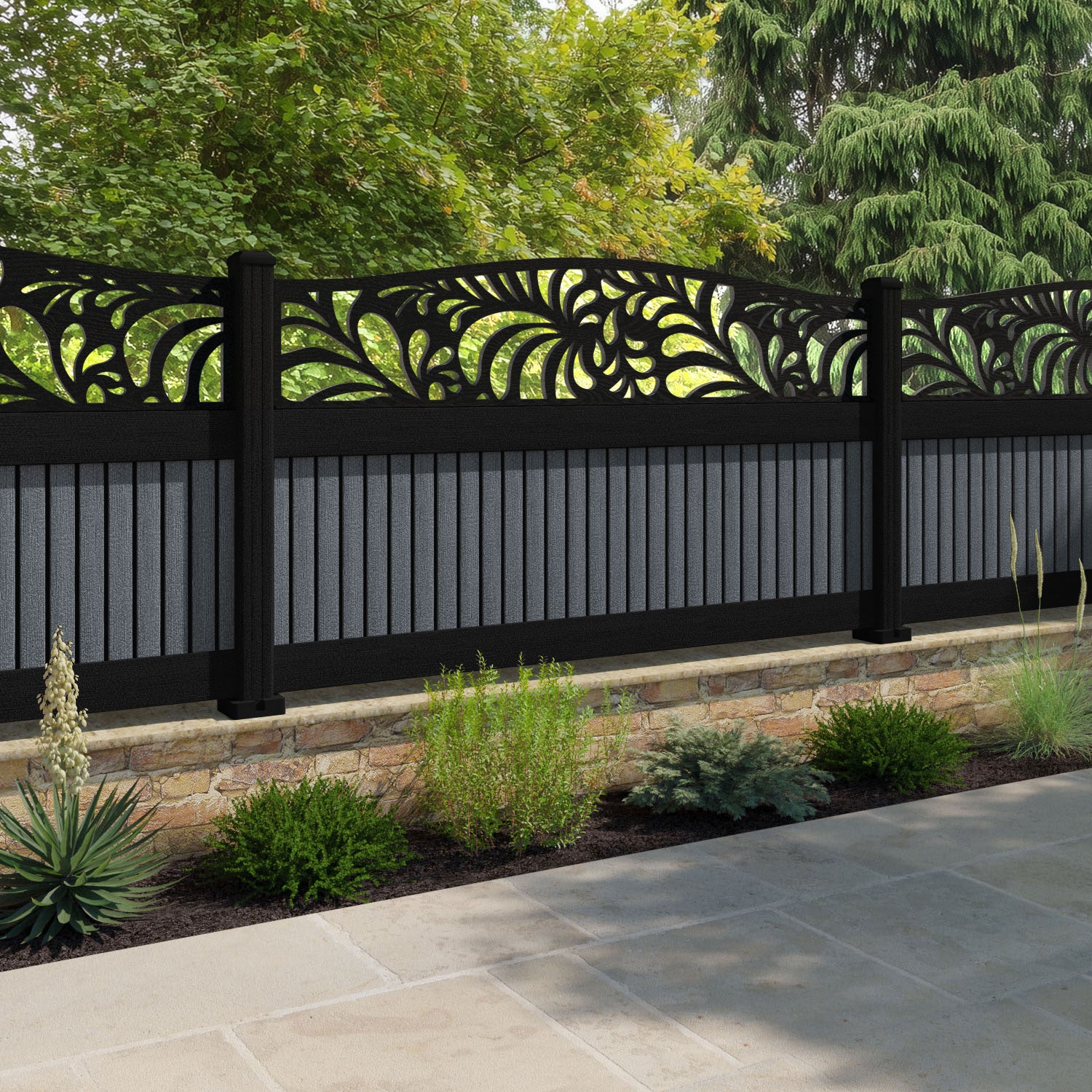 Virtis Petal Curved Top Fence Panel - Anthracite - with our aluminium posts