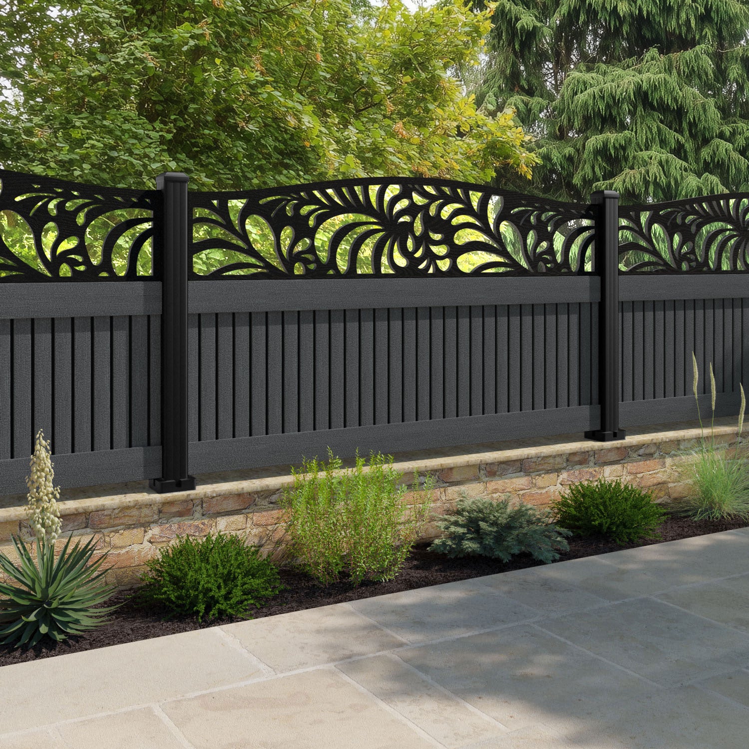 Virtis Petal Curved Top Fence Panel - Dark Grey - with our aluminium posts