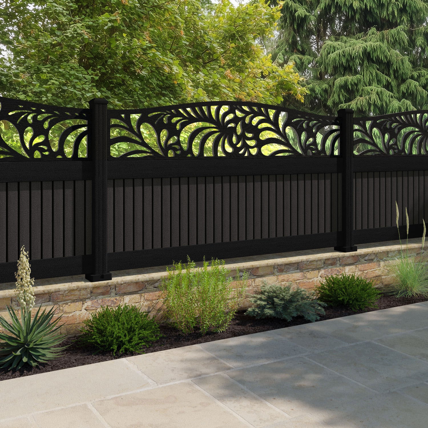 Virtis Petal Curved Top Fence Panel - Dark Oak - with our composite posts