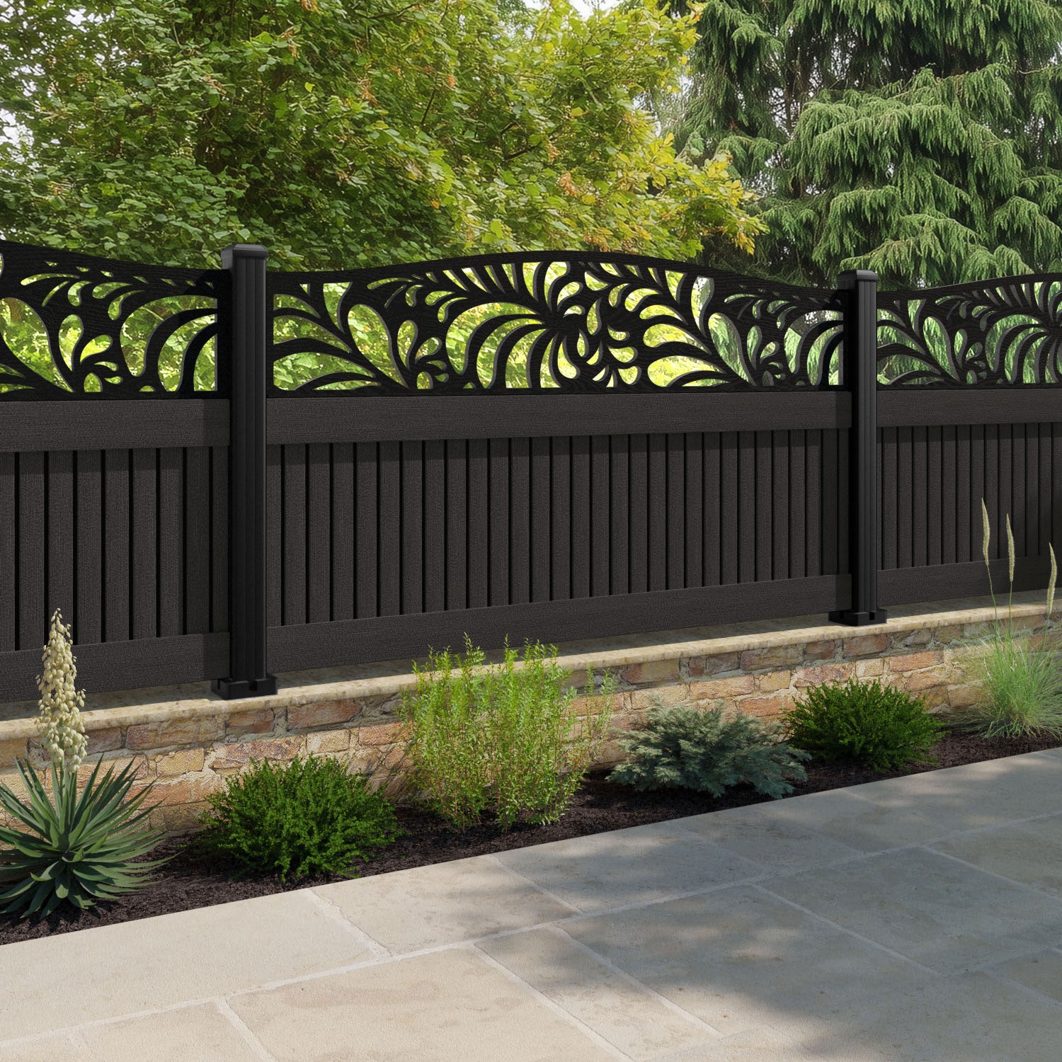 Virtis Petal Curved Top Fence Panel - Dark Oak - with our aluminium posts
