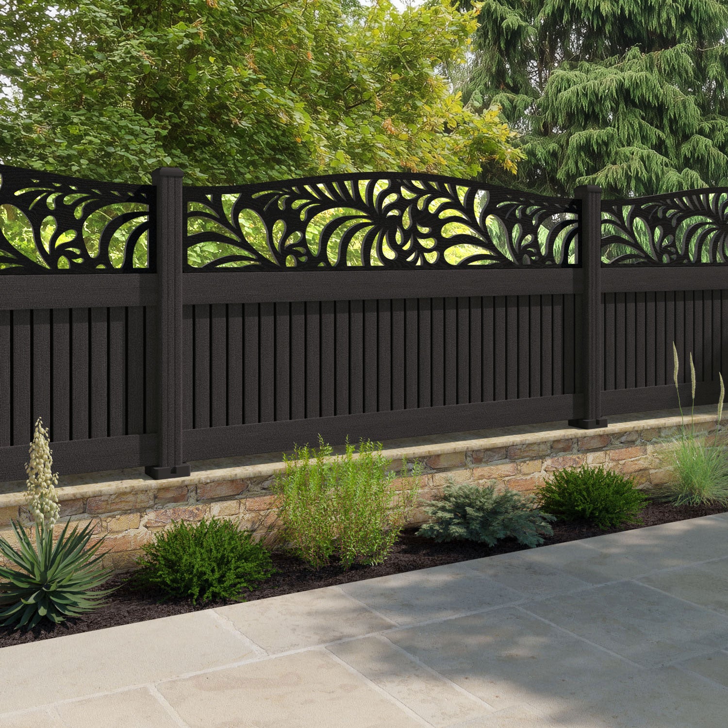 Virtis Petal Curved Top Fence Panel - Dark Oak - with our composite posts