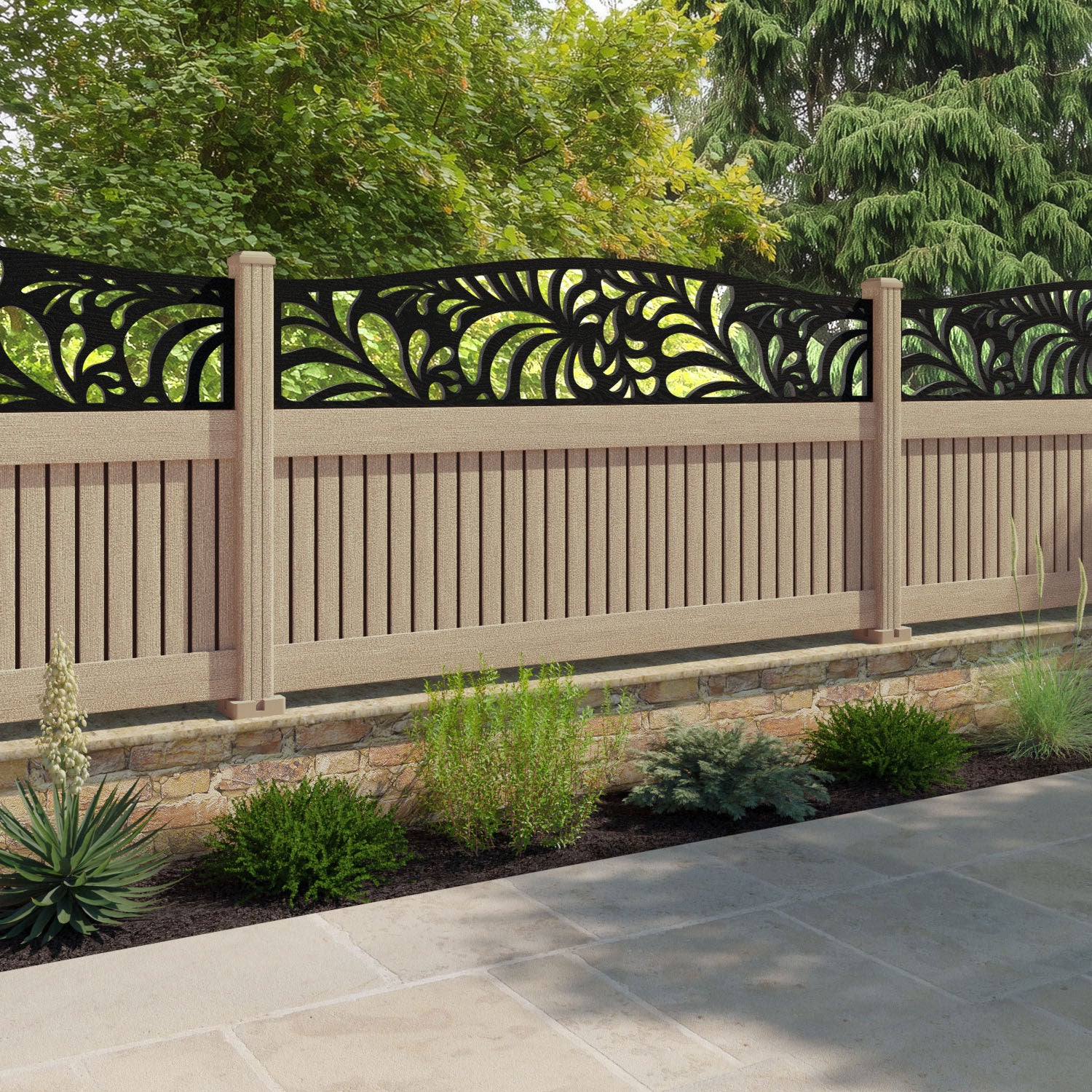 Virtis Petal Curved Top Fence Panel - Light Oak - with our composite posts