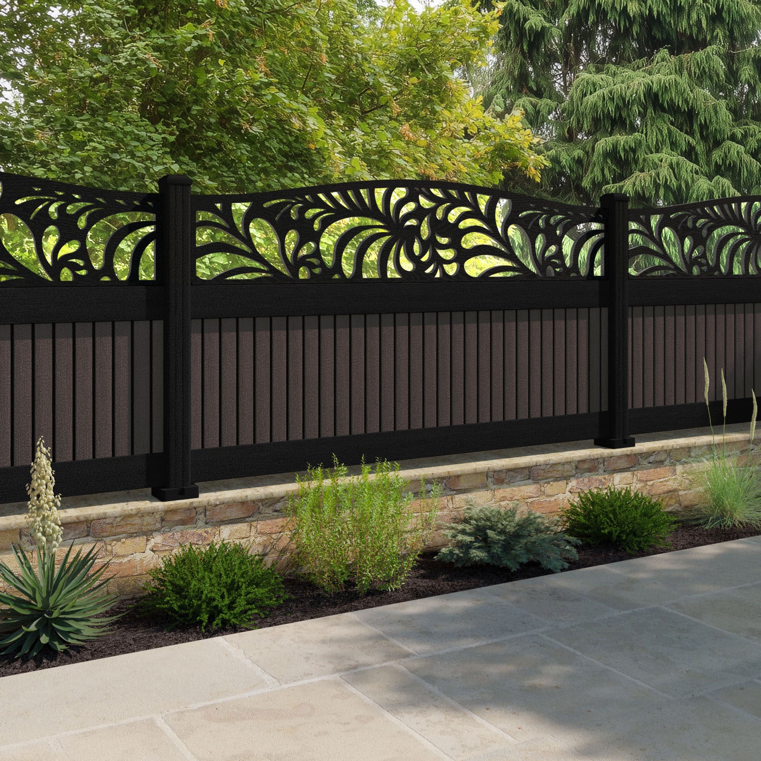 Virtis Petal Curved Top Fence Panel - Mid Brown - with our composite posts