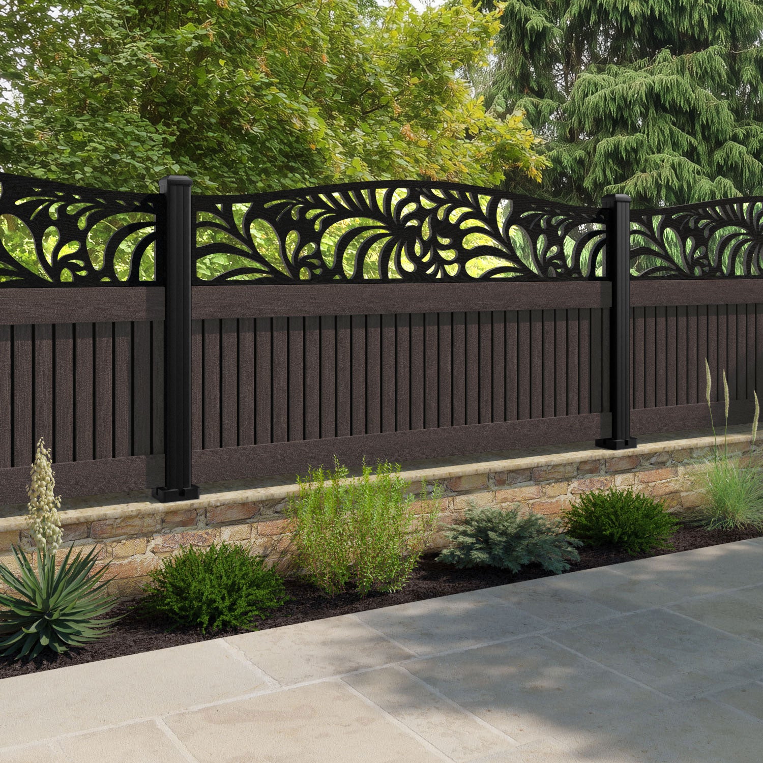 Virtis Petal Curved Top Fence Panel - Mid Brown - with our aluminium posts