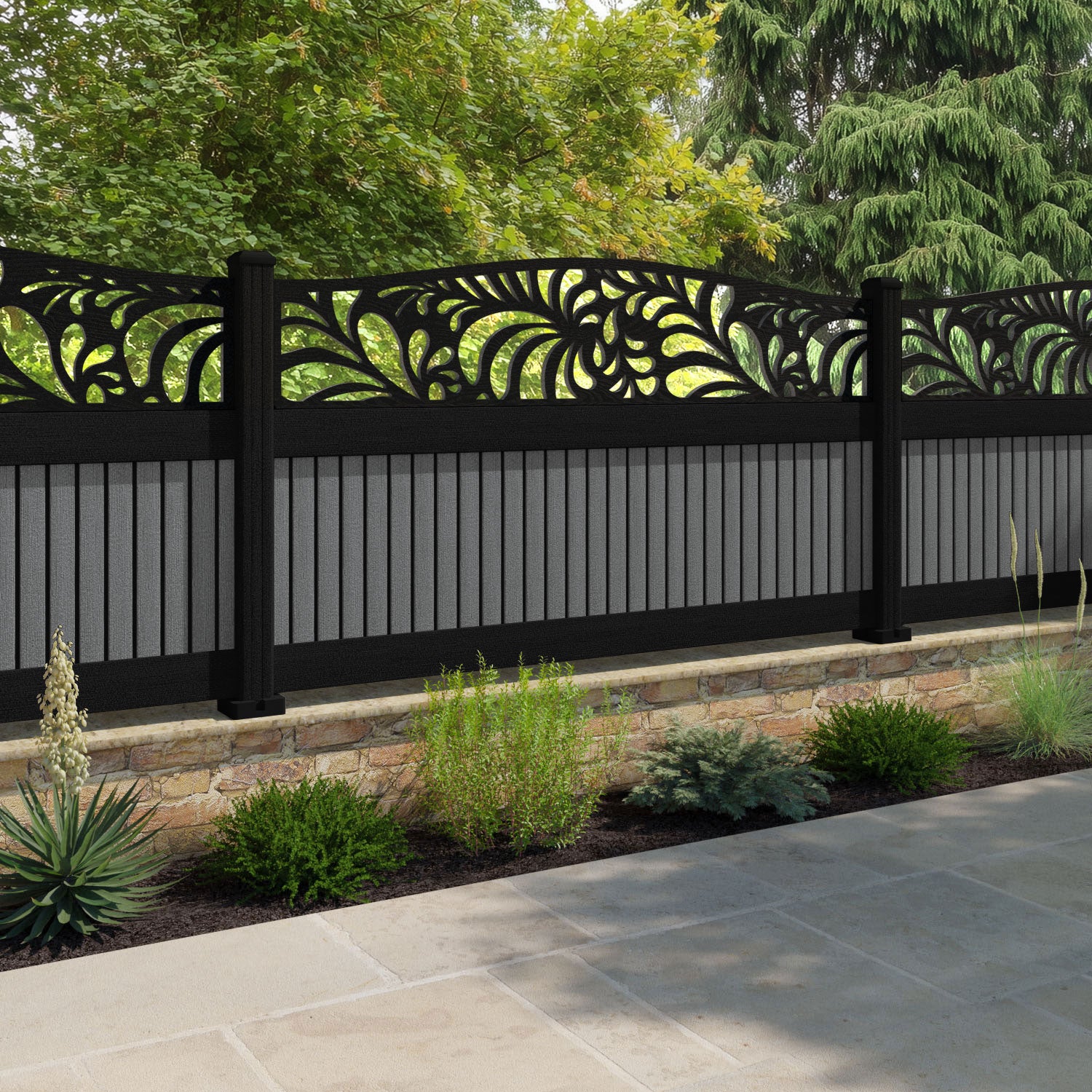 Virtis Petal Curved Top Fence Panel - Mid Grey - with our composite posts