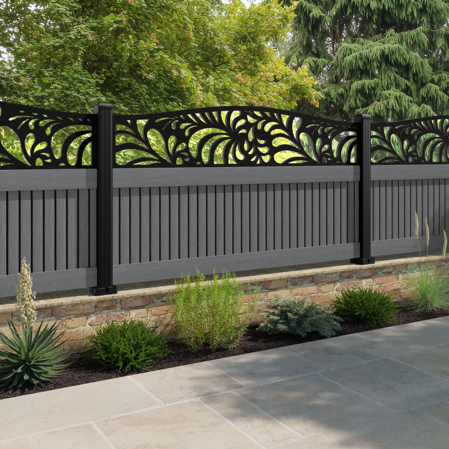 Virtis Petal Curved Top Fence Panel - Mid Grey - with our composite posts