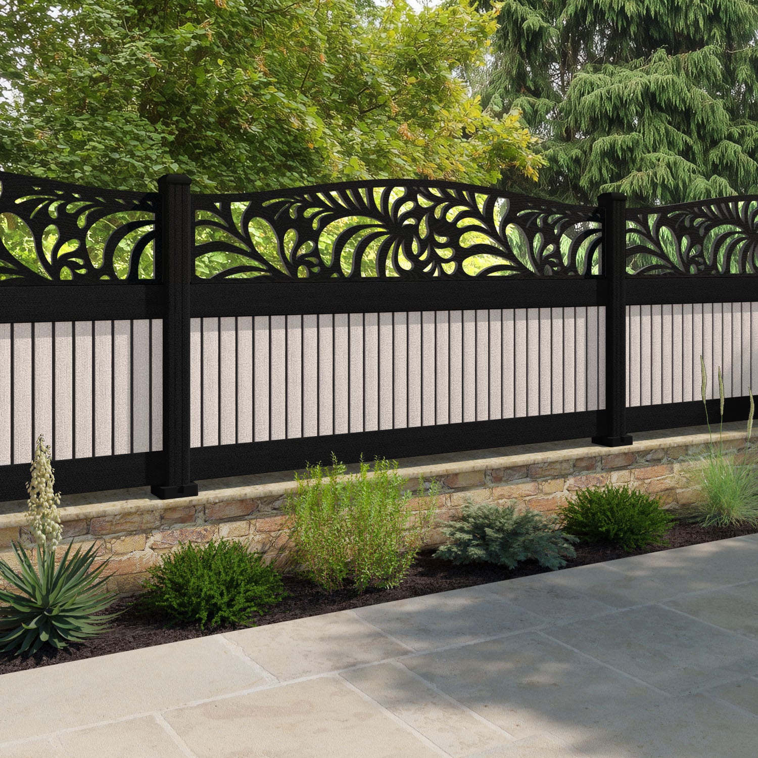 Virtis Petal Curved Top Fence Panel - Mid Stone - with our composite posts