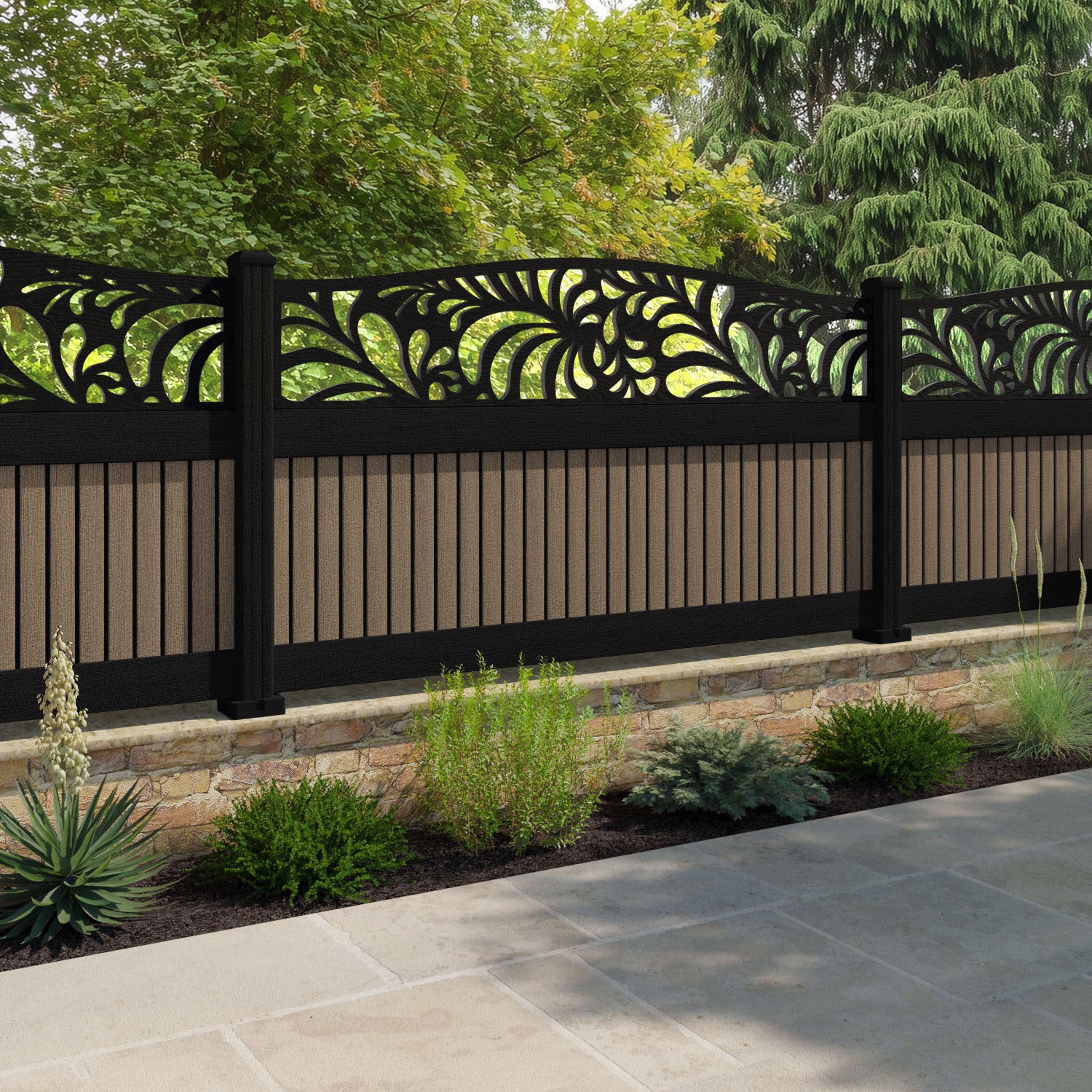 Virtis Petal Curved Top Fence Panel - Teak - with our aluminium posts