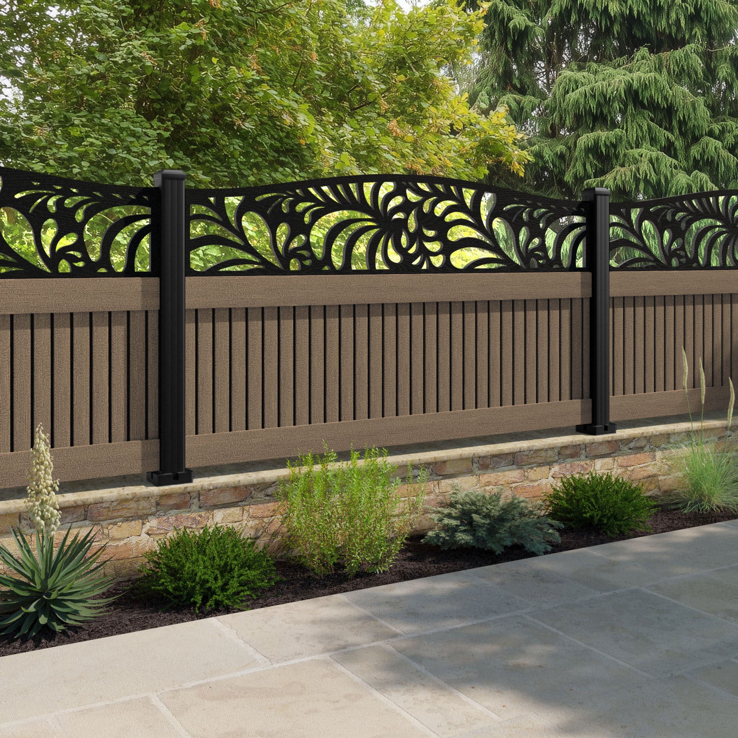 Virtis Petal Curved Top Fence Panel - Teak - with our aluminium posts
