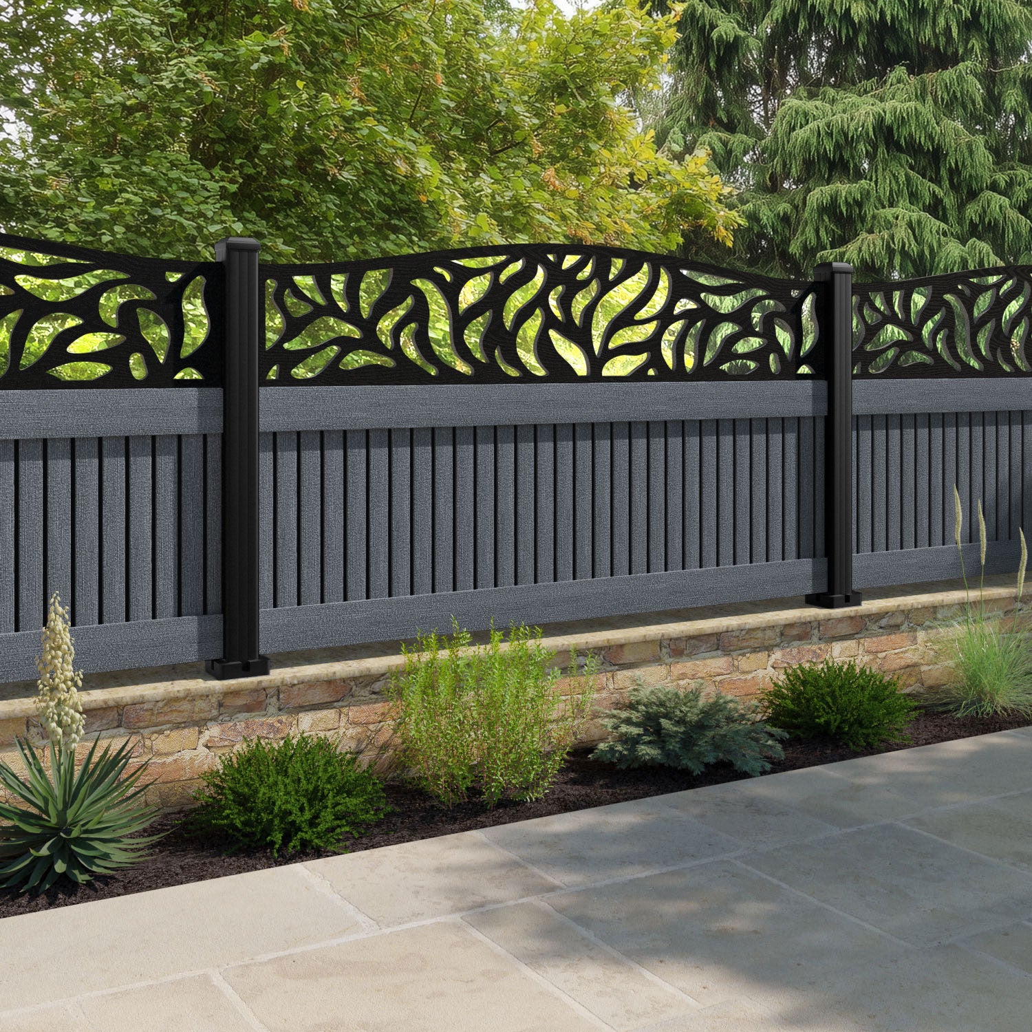 Virtis Plume Curved Top Fence Panel - Anthracite - with our composite posts
