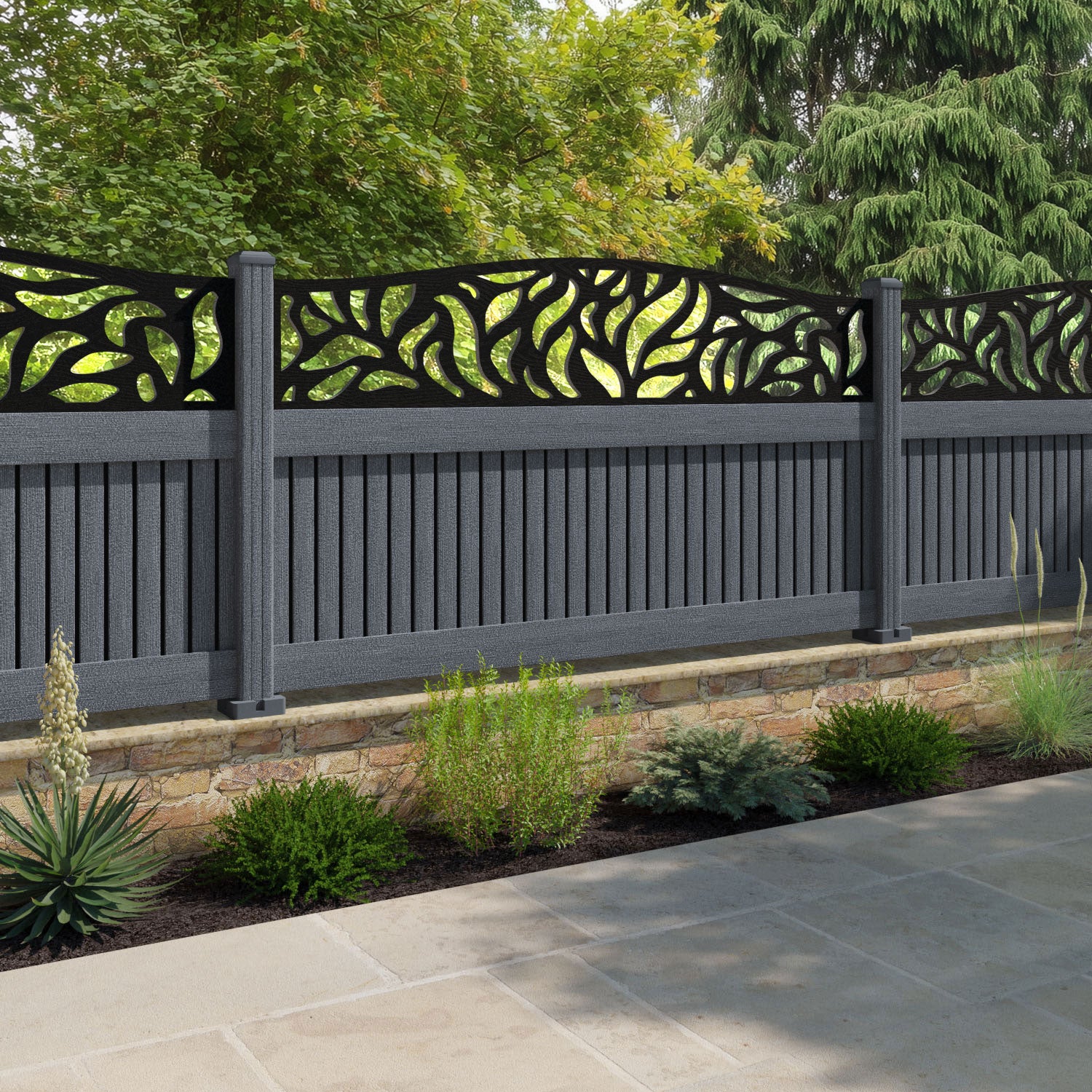 Virtis Plume Curved Top Fence Panel - Anthracite - with our composite posts