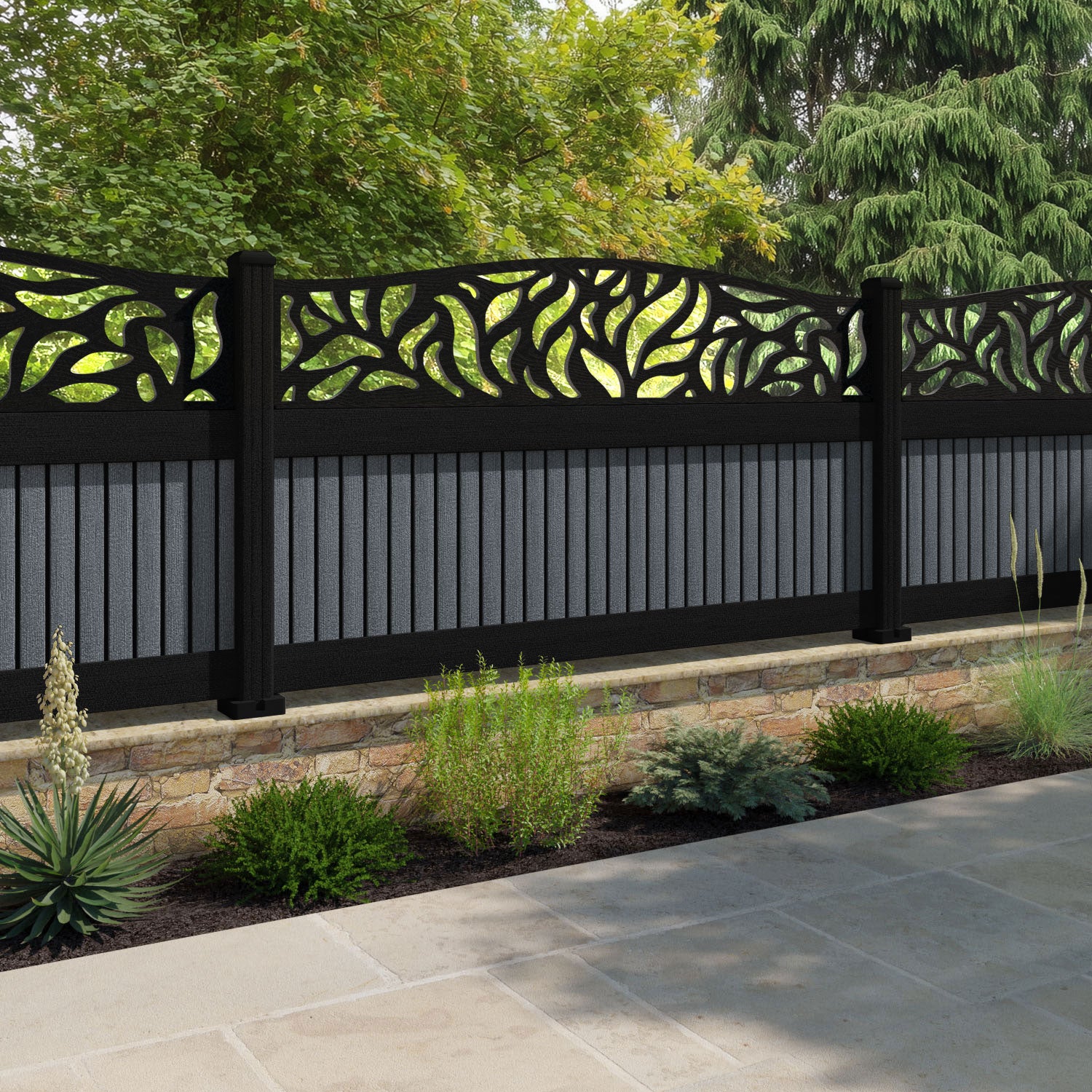 Virtis Plume Curved Top Fence Panel - Anthracite - with our aluminium posts