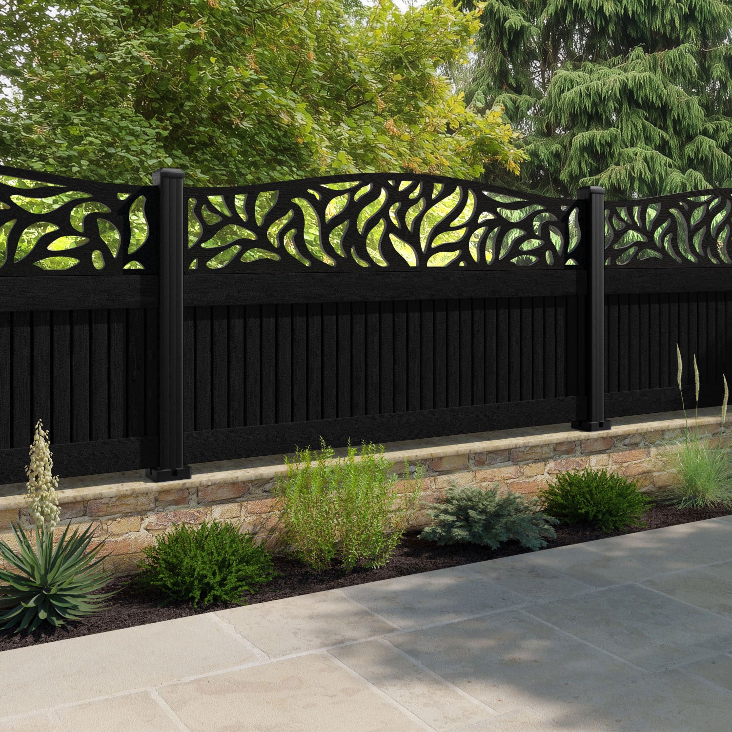 Virtis Plume Curved Top Fence Panel - Black - with our aluminium posts