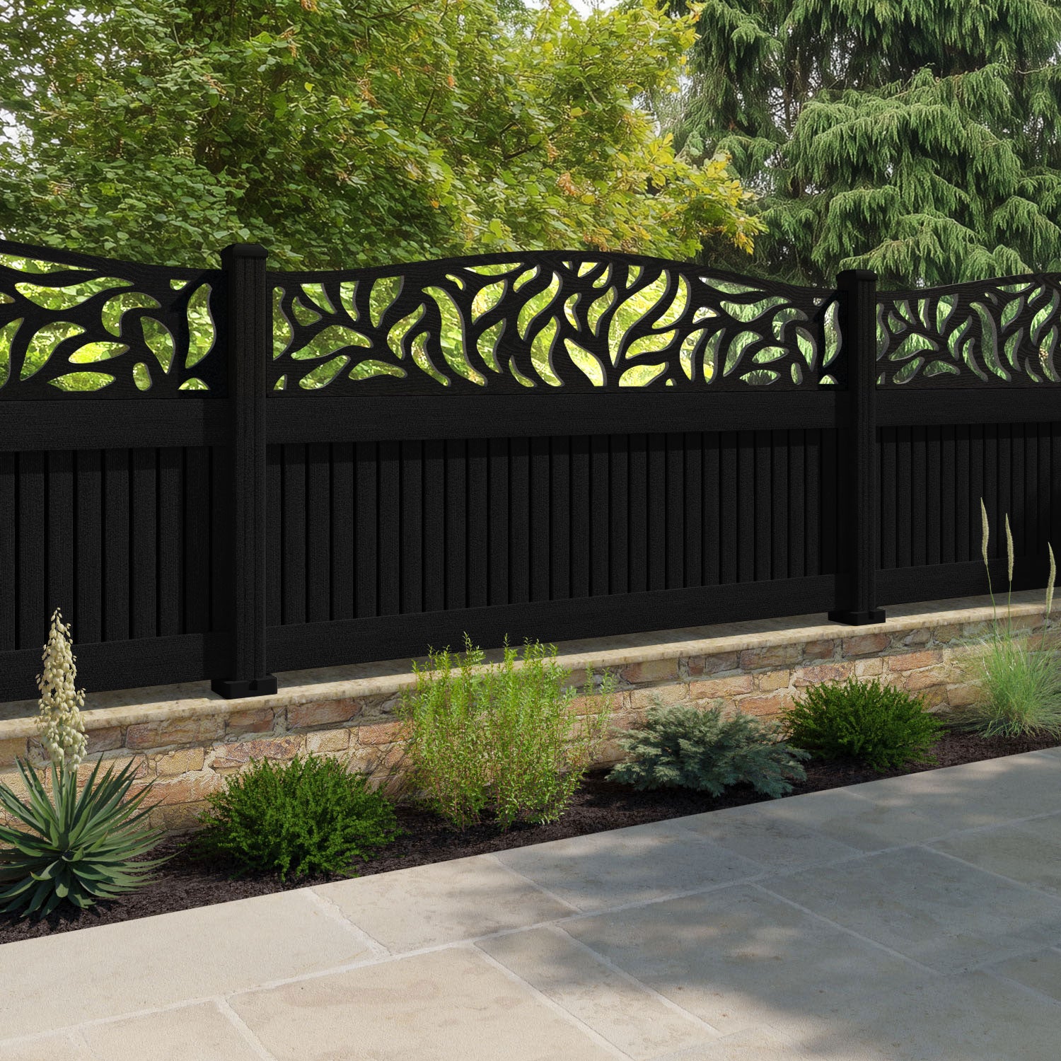 Virtis Plume Curved Top Fence Panel - Black - with our composite posts