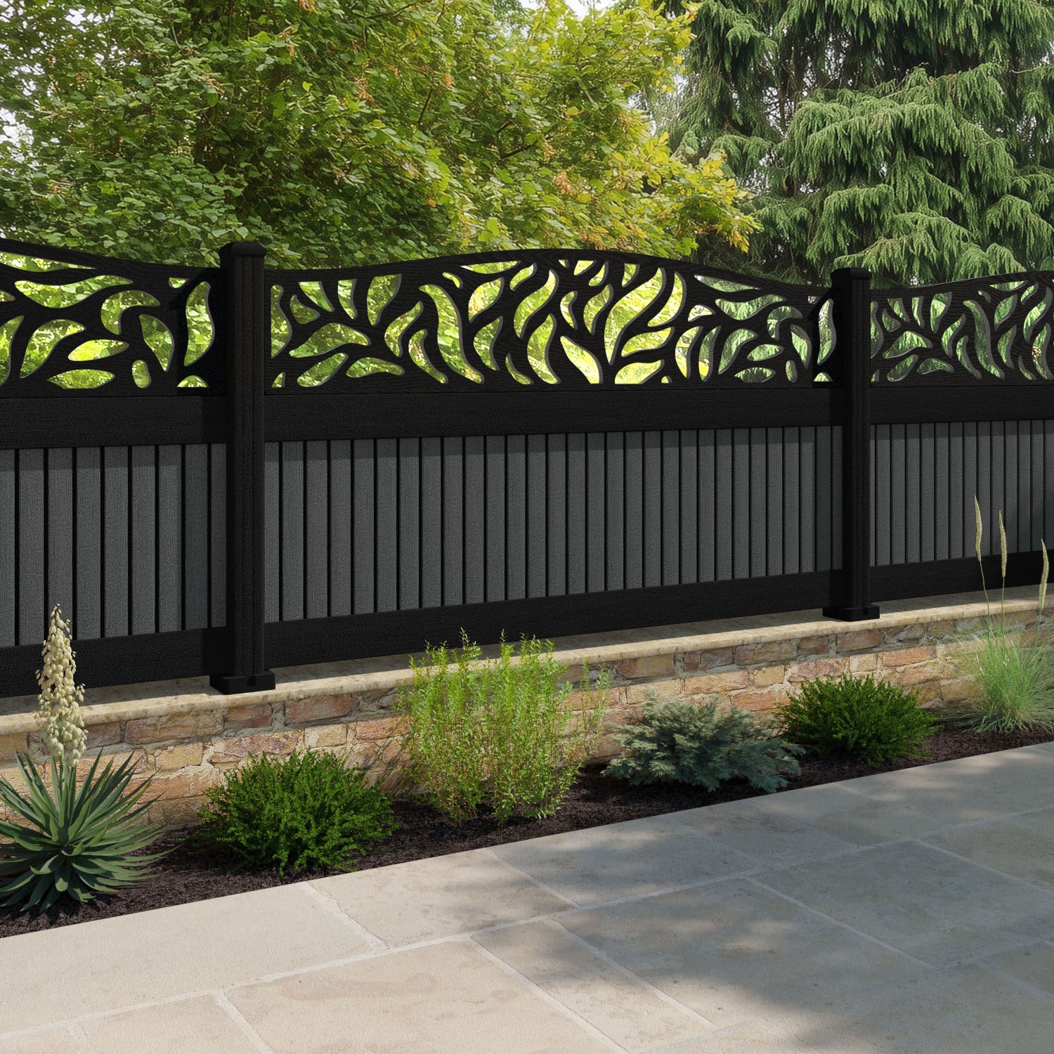 Virtis Plume Curved Top Fence Panel - Dark Grey - with our composite posts