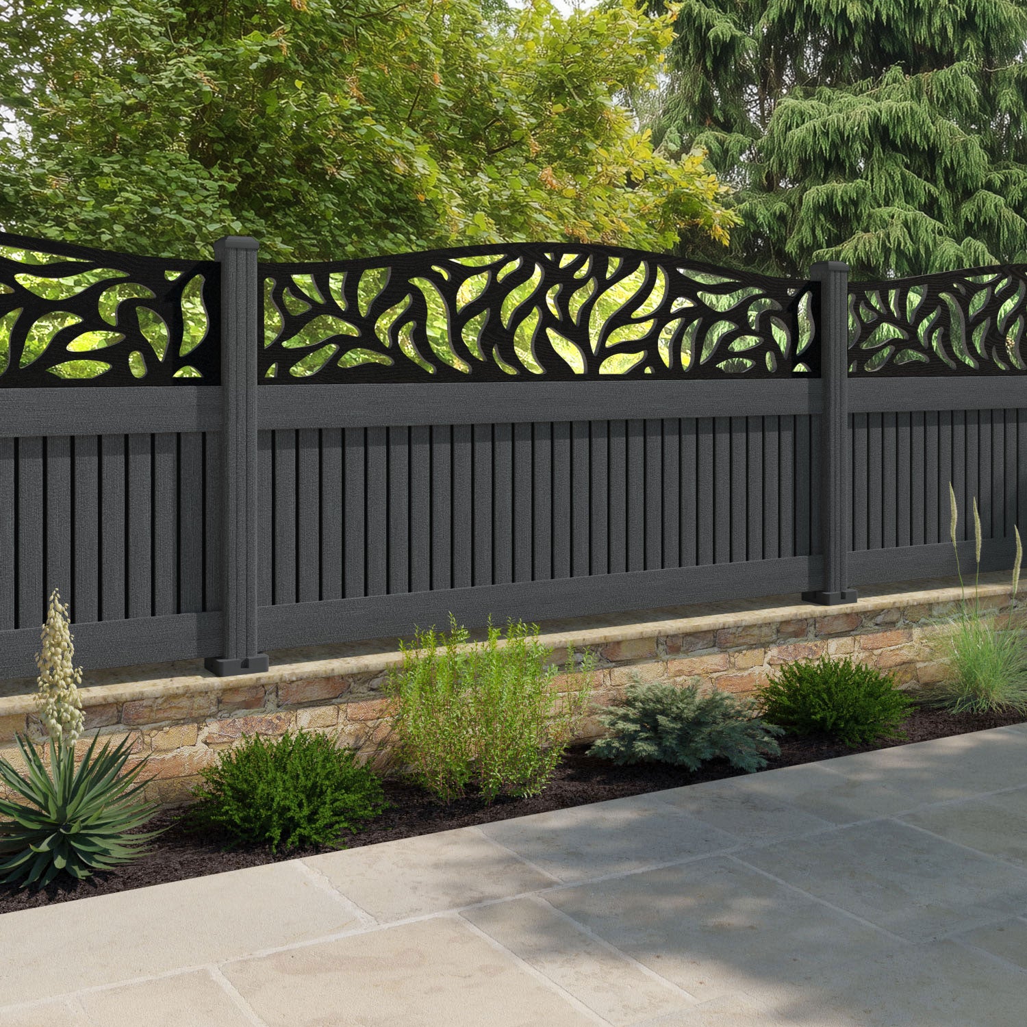 Virtis Plume Curved Top Fence Panel - Dark Grey - with our composite posts