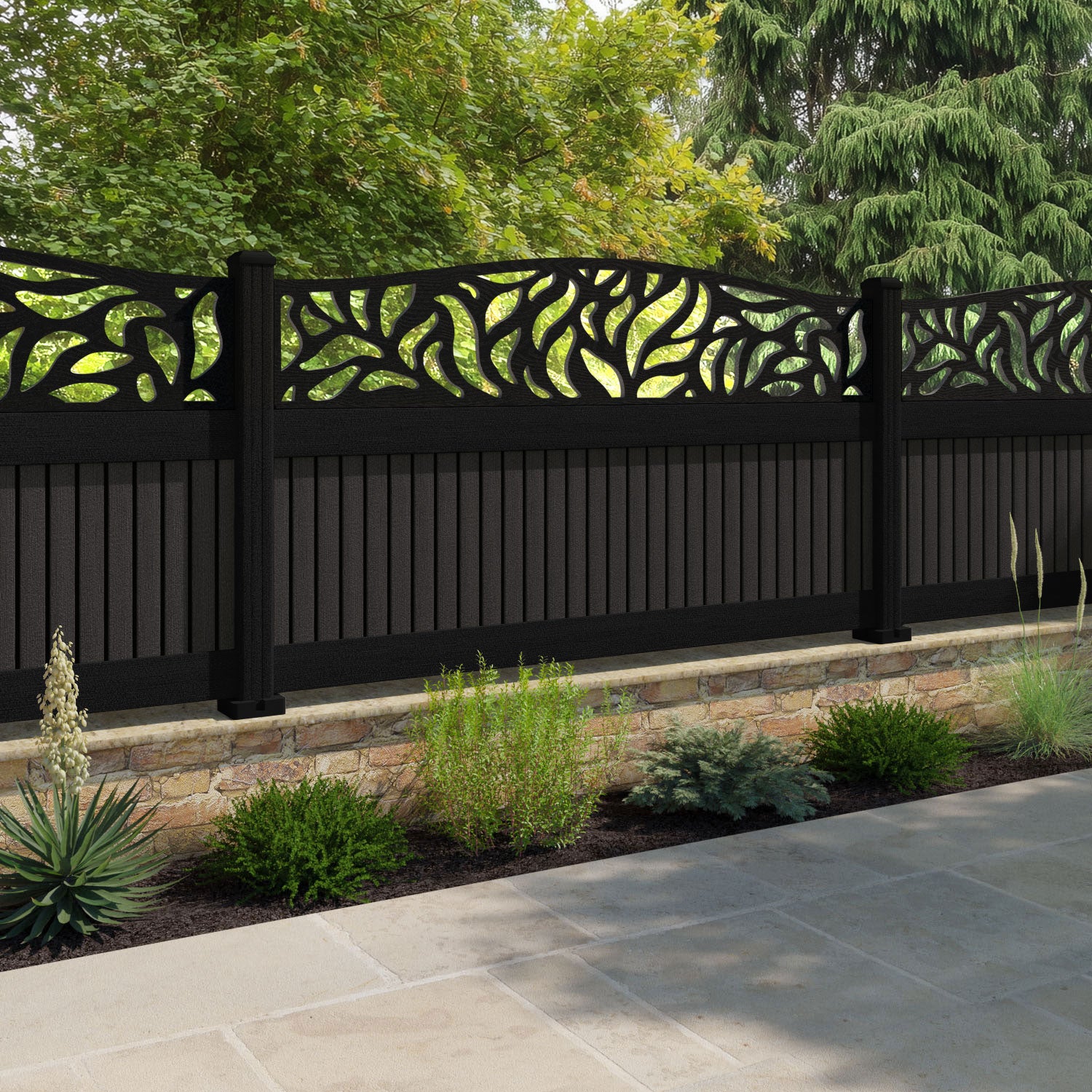 Virtis Plume Curved Top Fence Panel - Dark Oak - with our composite posts