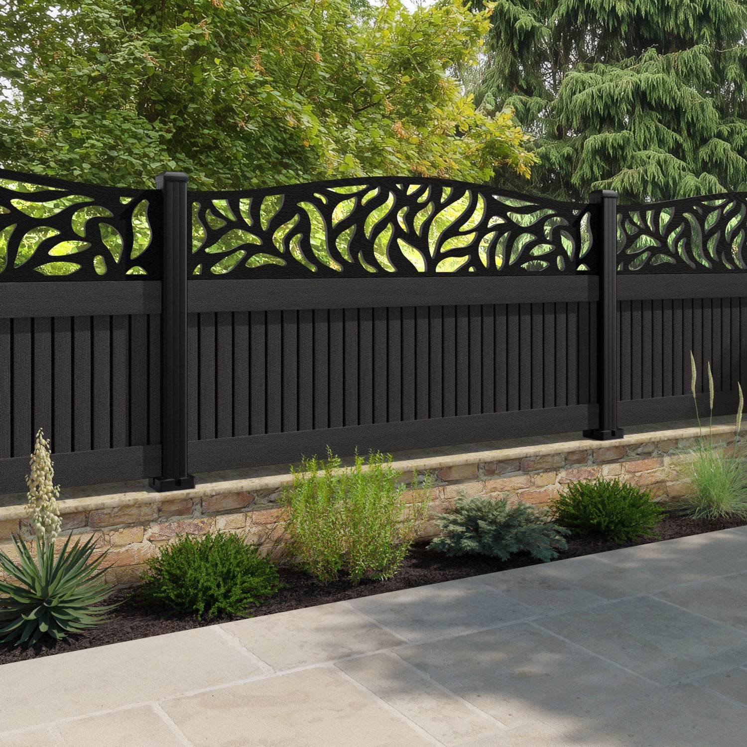 Virtis Plume Curved Top Fence Panel - Dark Oak - with our aluminium posts